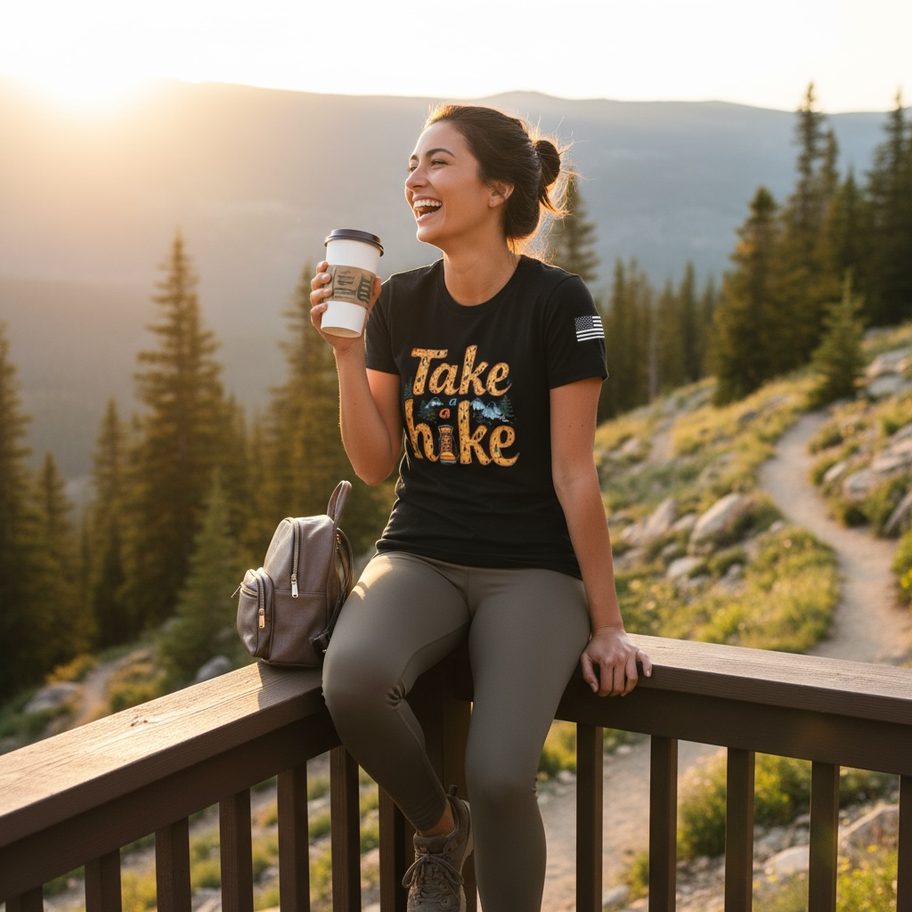 Ladies’ Fine Jersey 100% Cotton T-Shirt – “Take a Hike” Logo with USA Flag Sleeve