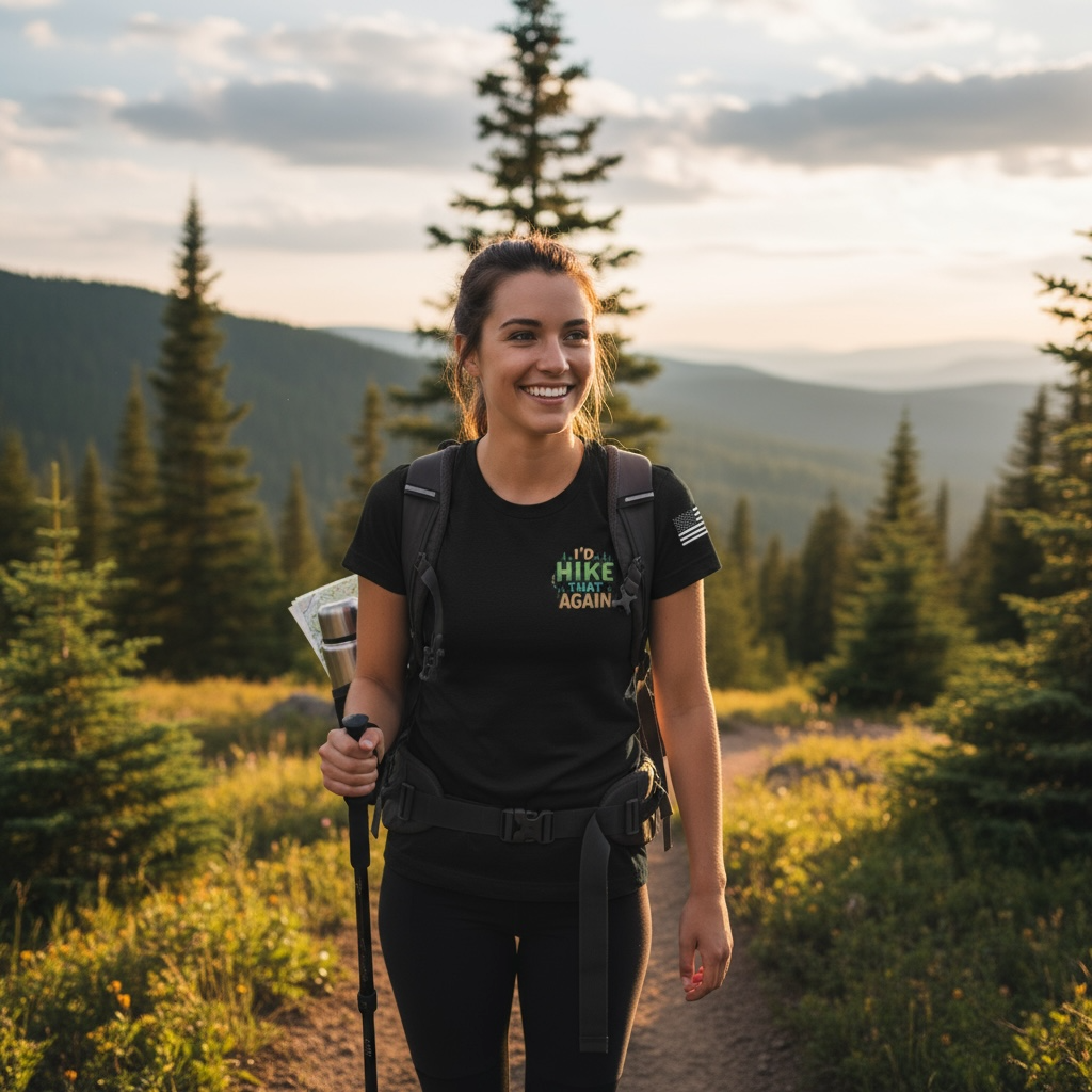 Ladies’ Fine Jersey 100% Cotton T-Shirt –"I'd hike that again" Logo with USA Flag Sleeve