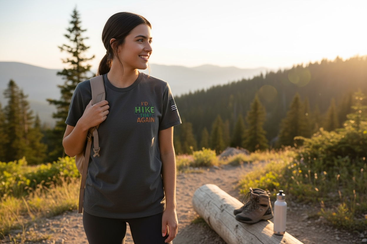 Women’s “I'd hike that again” Crop Top – USA Flag on Sleeve