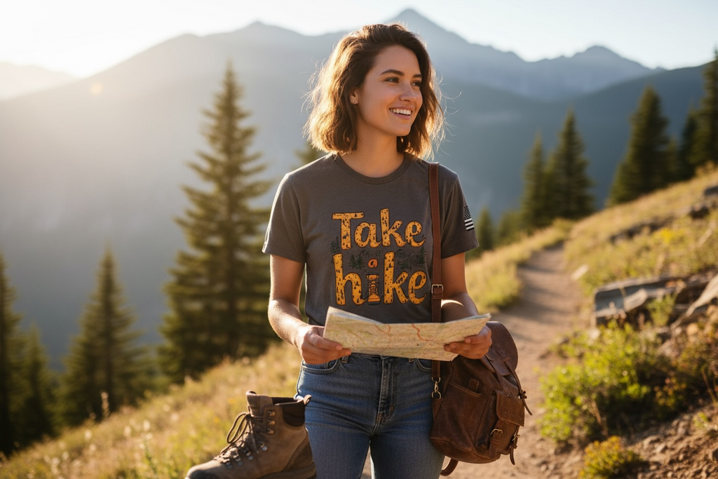 Women’s “Take a Hike” Crop Top – USA Flag on Sleeve