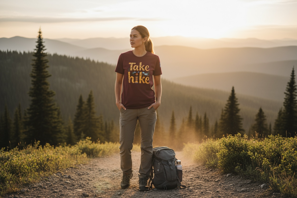 “Take a Hike” Cotton T-Shirt – USA Flag Sleeve