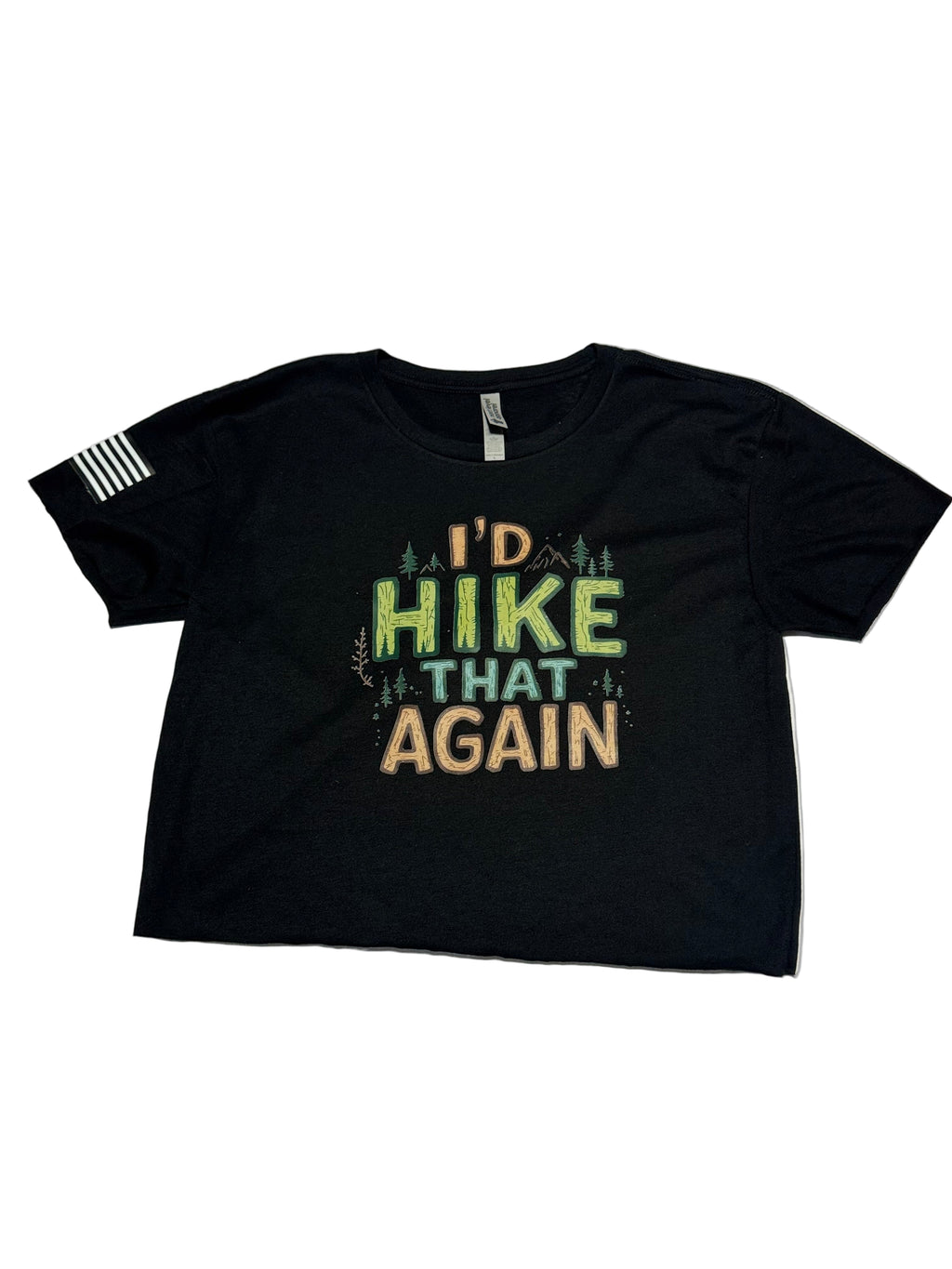 Black t-shirt with 'I'd Hike That Again' text on a gray background