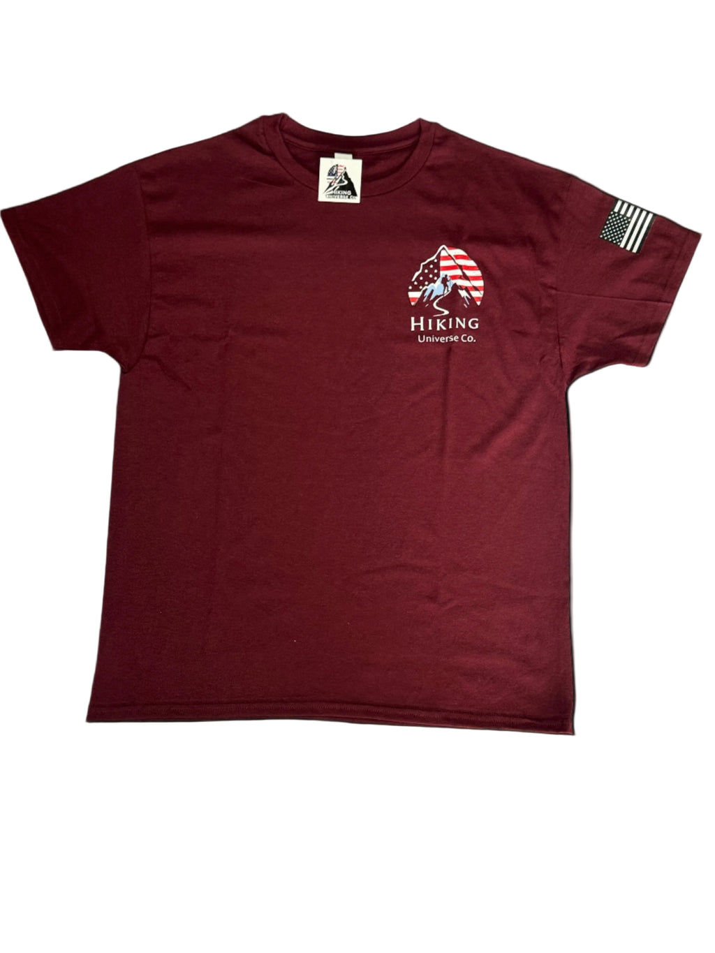 Maroon t-shirt with a logo and text on a gray background