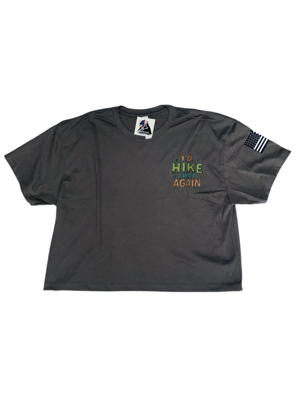 Women’s “I'd hike that again” Crop Top – USA Flag on Sleeve