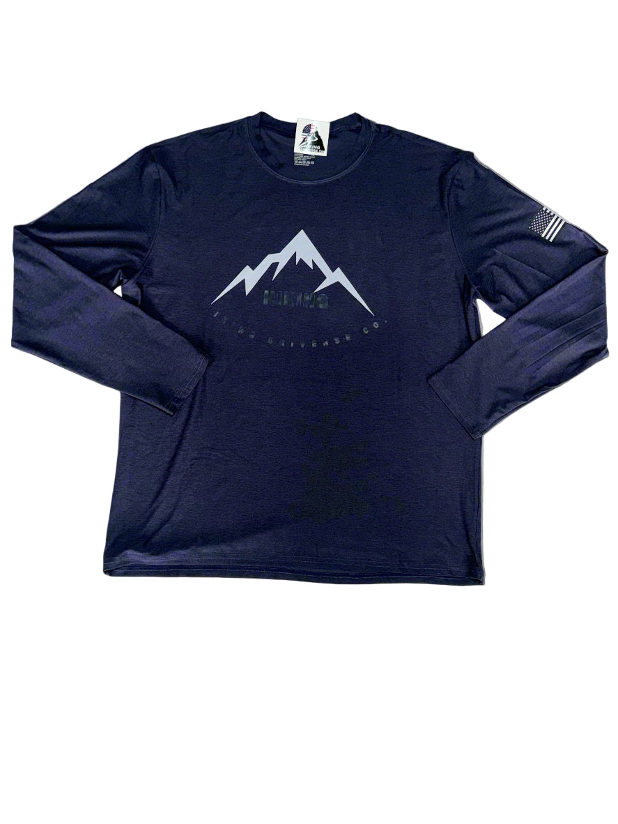 Navy long-sleeve shirt with mountain graphic on a white background