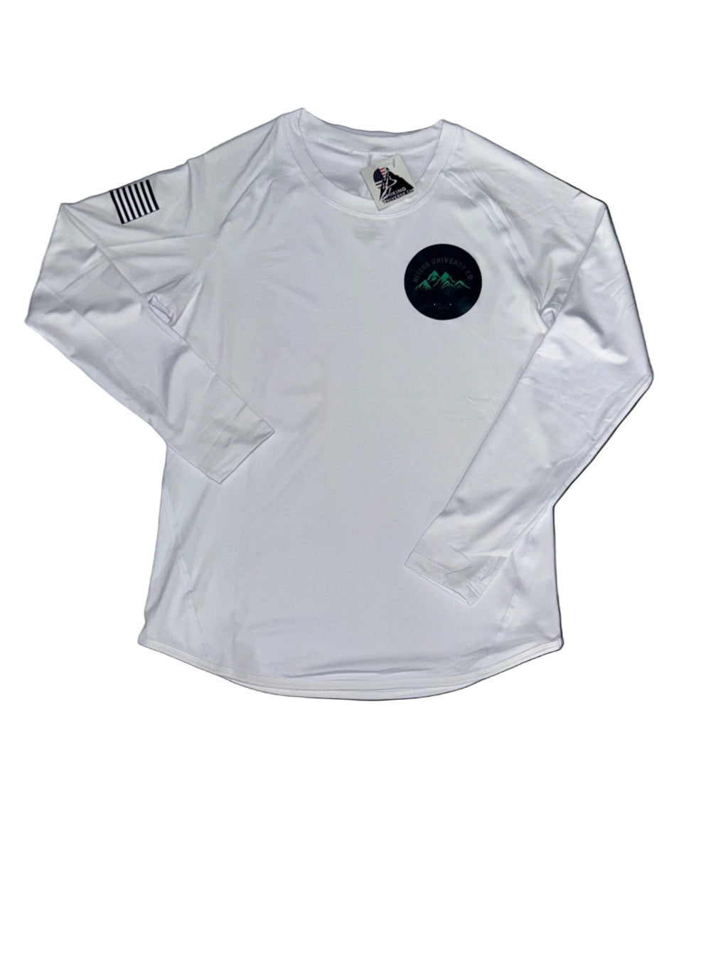 White long-sleeve shirt with logos on a black background