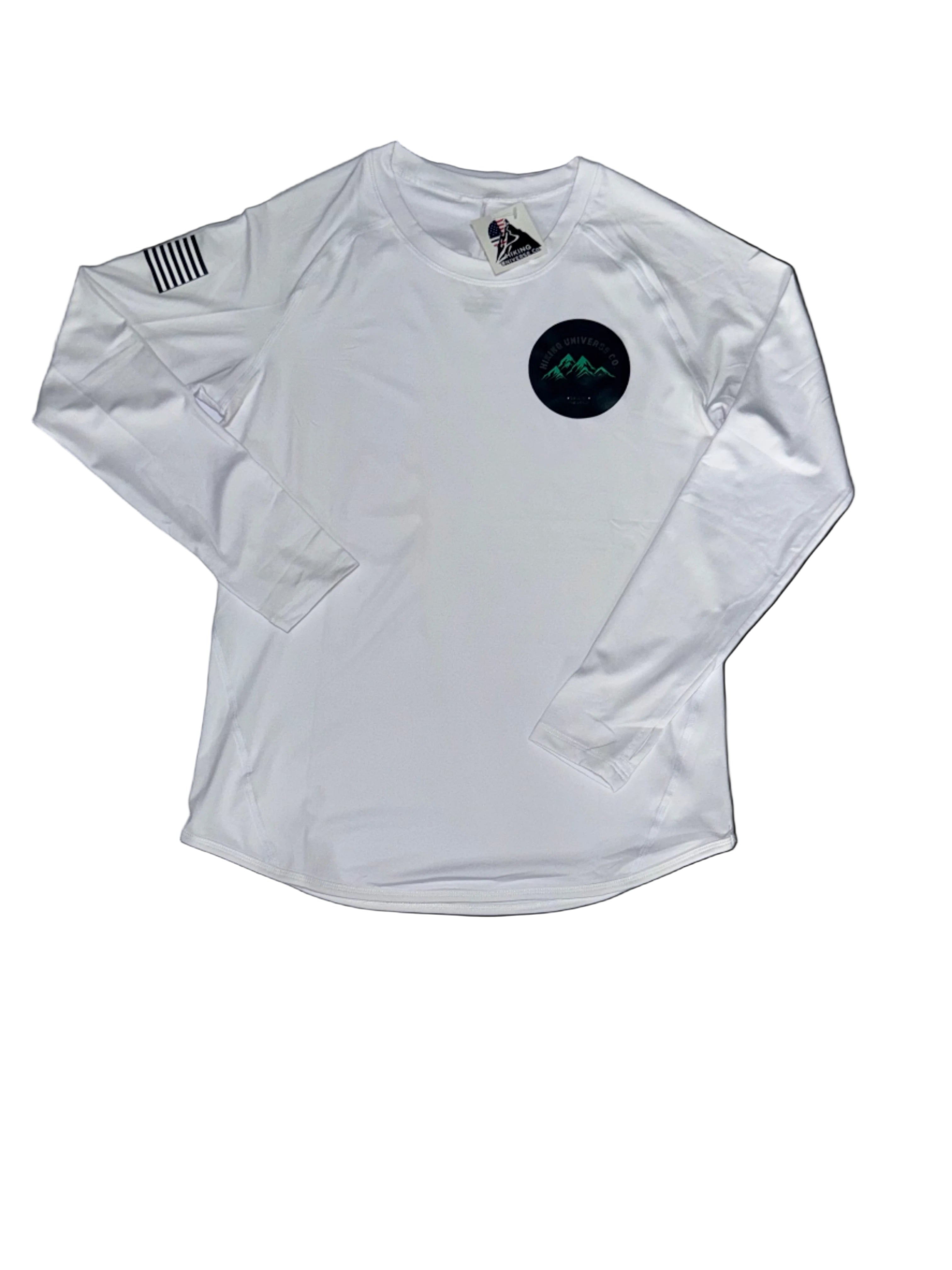 White long-sleeve shirt with logos on a black background