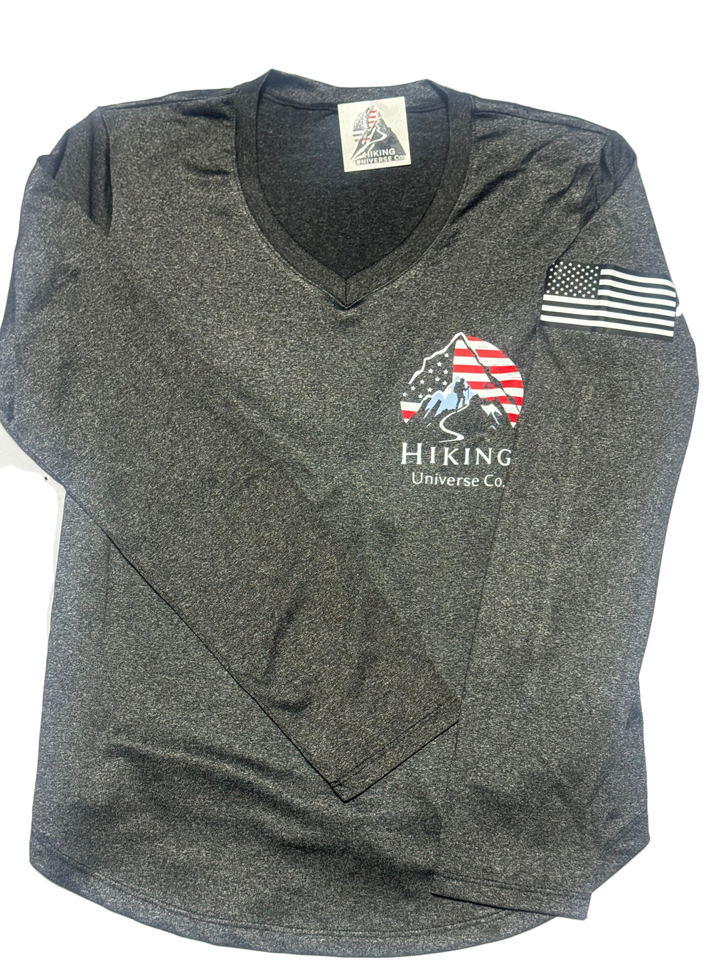 Gray long-sleeve shirt with a logo on a white background