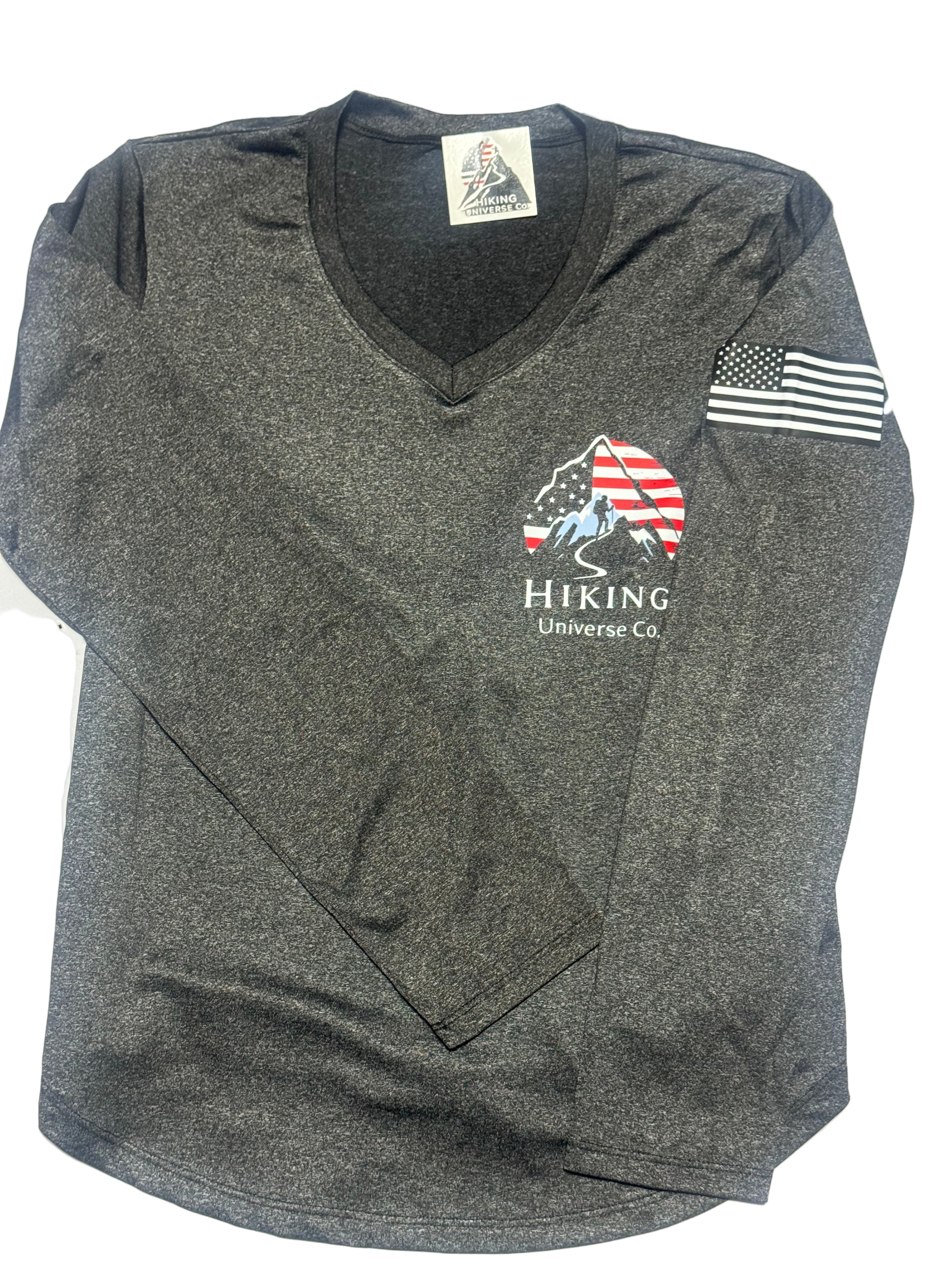 Gray long-sleeve shirt with a logo on a white background