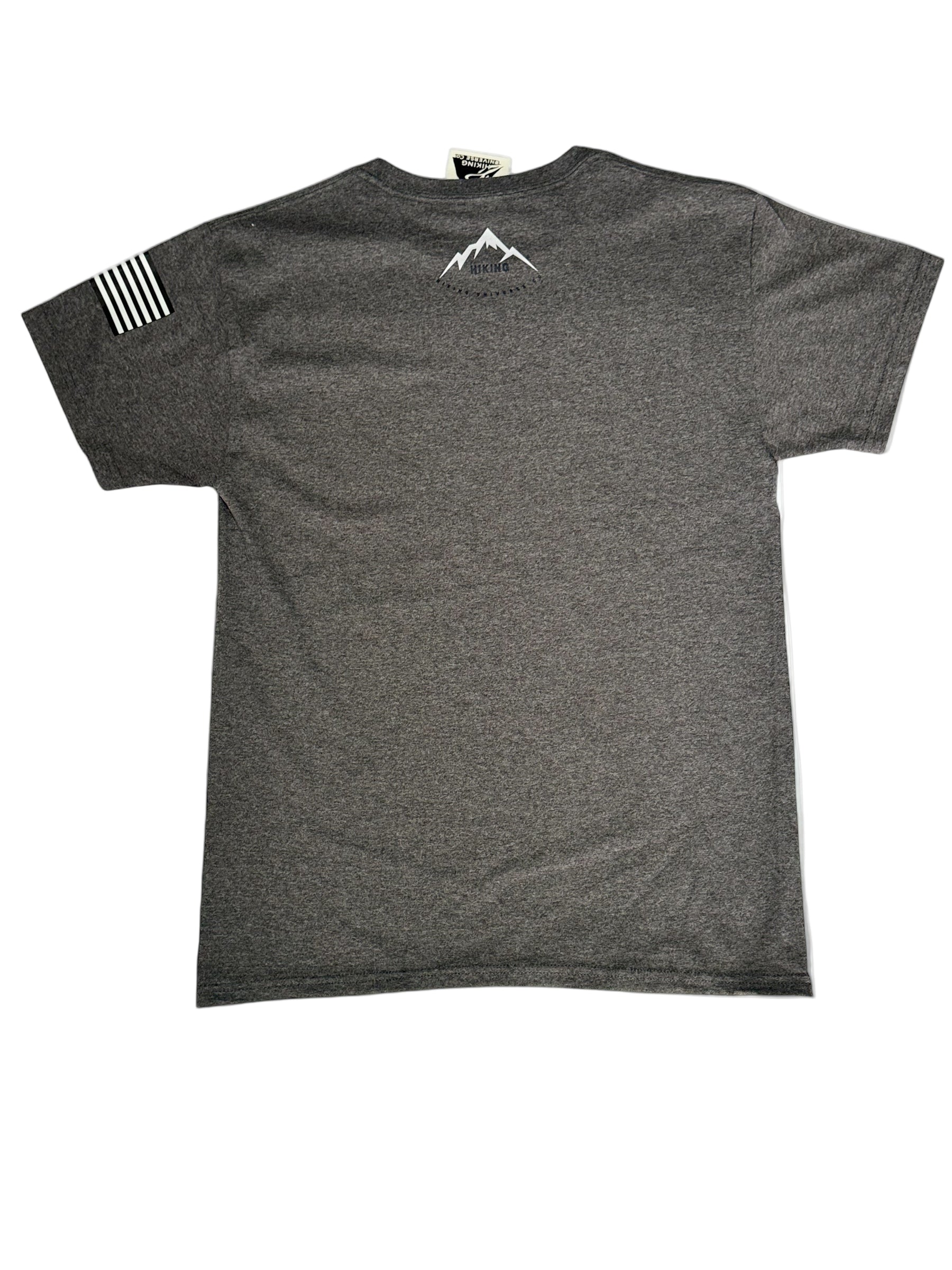 Gray t-shirt with mountain logo on a white background