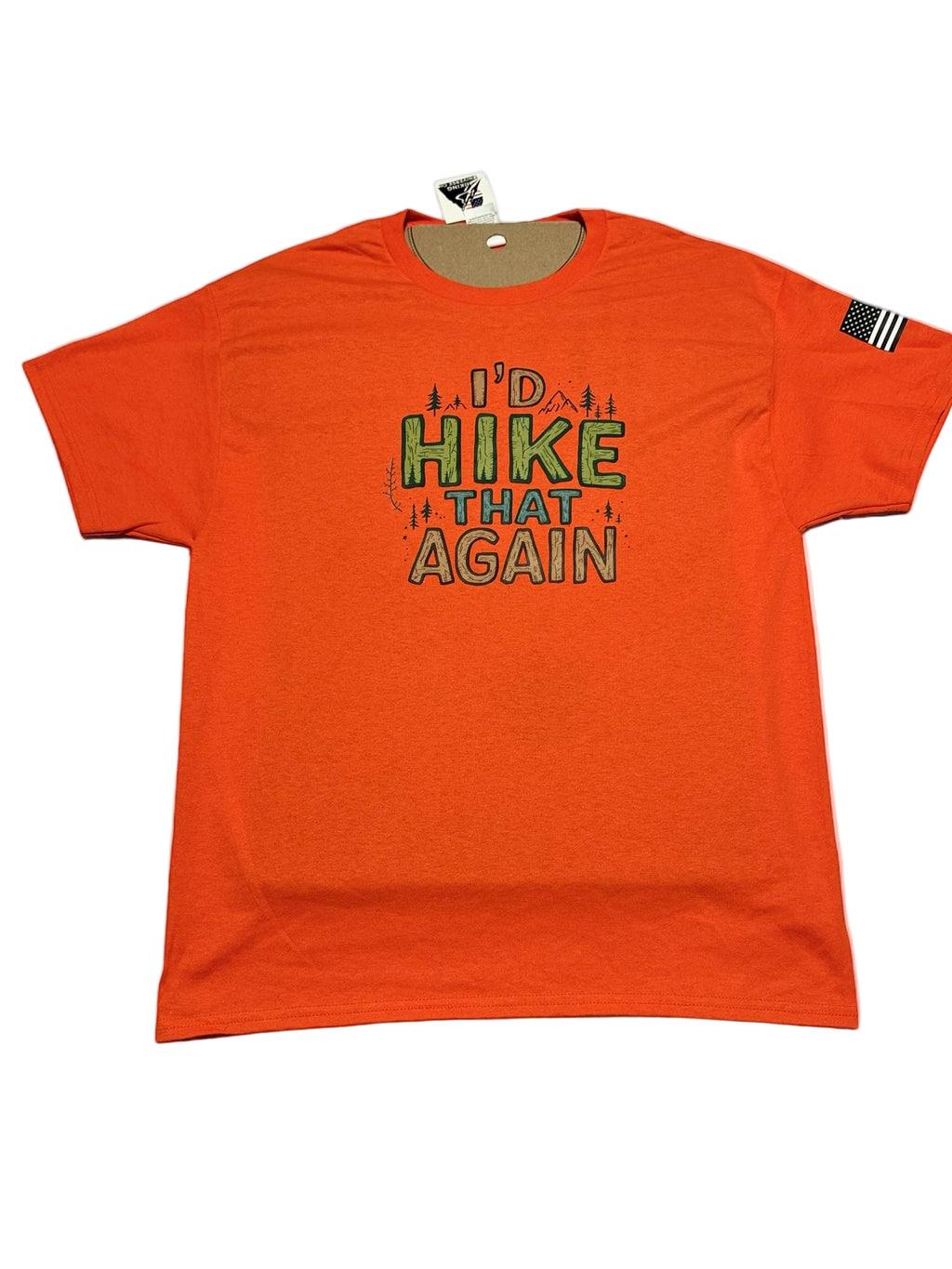 Orange t-shirt with 'I'd Hike That Again' text on a gray background