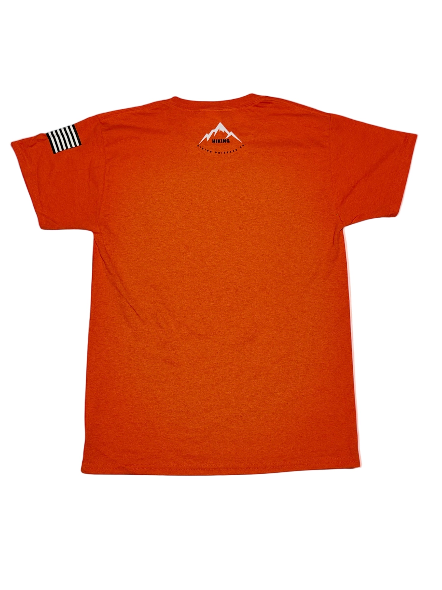 Orange t-shirt with a logo on the chest and stripes on the sleeve against a light gray background
