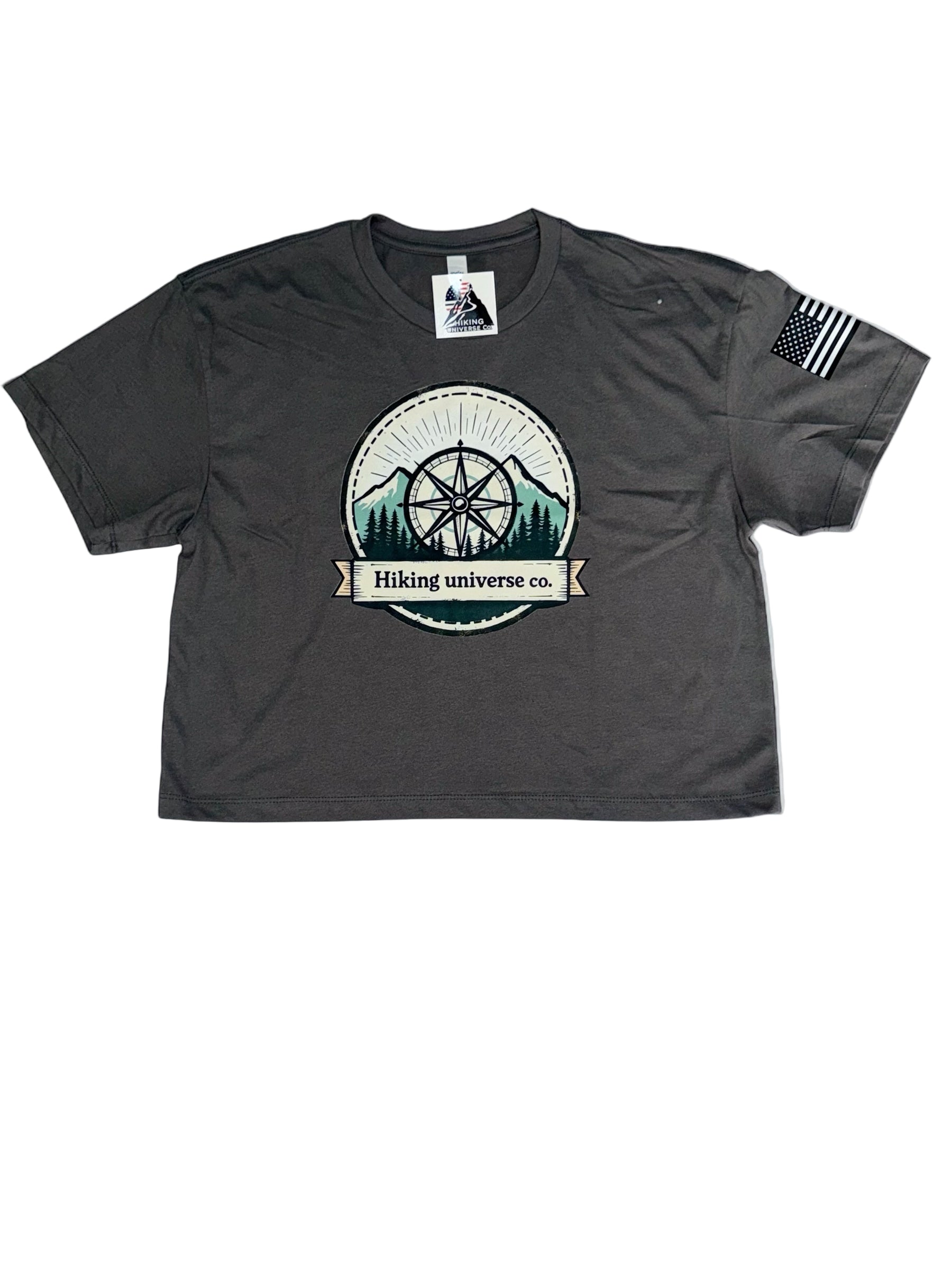 Women’s Hiking Universe Compass Logo Crop Top – USA Flag Sleeve
