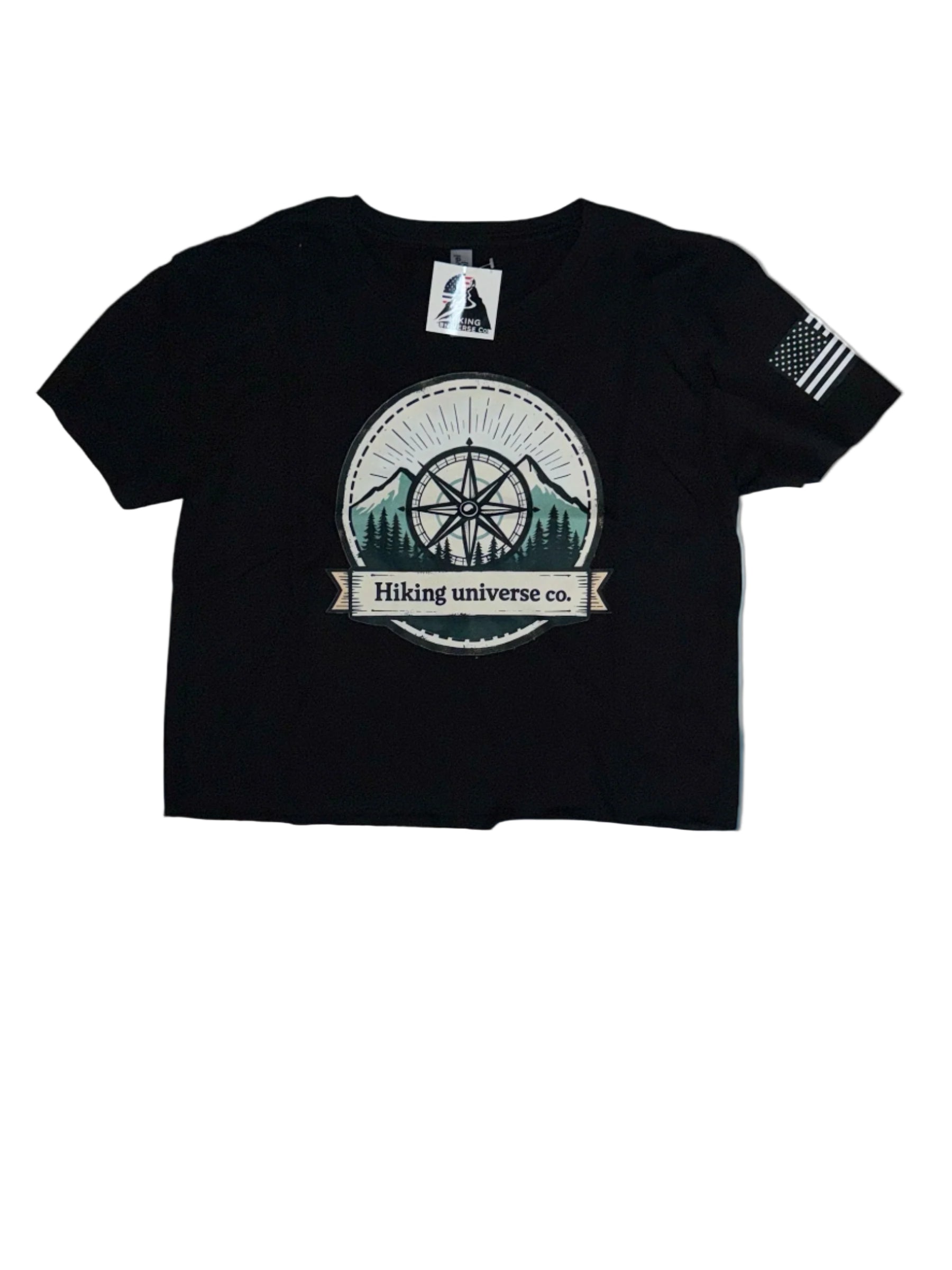 Black t-shirt with 'Hiking universe co.' design on a mountainous background