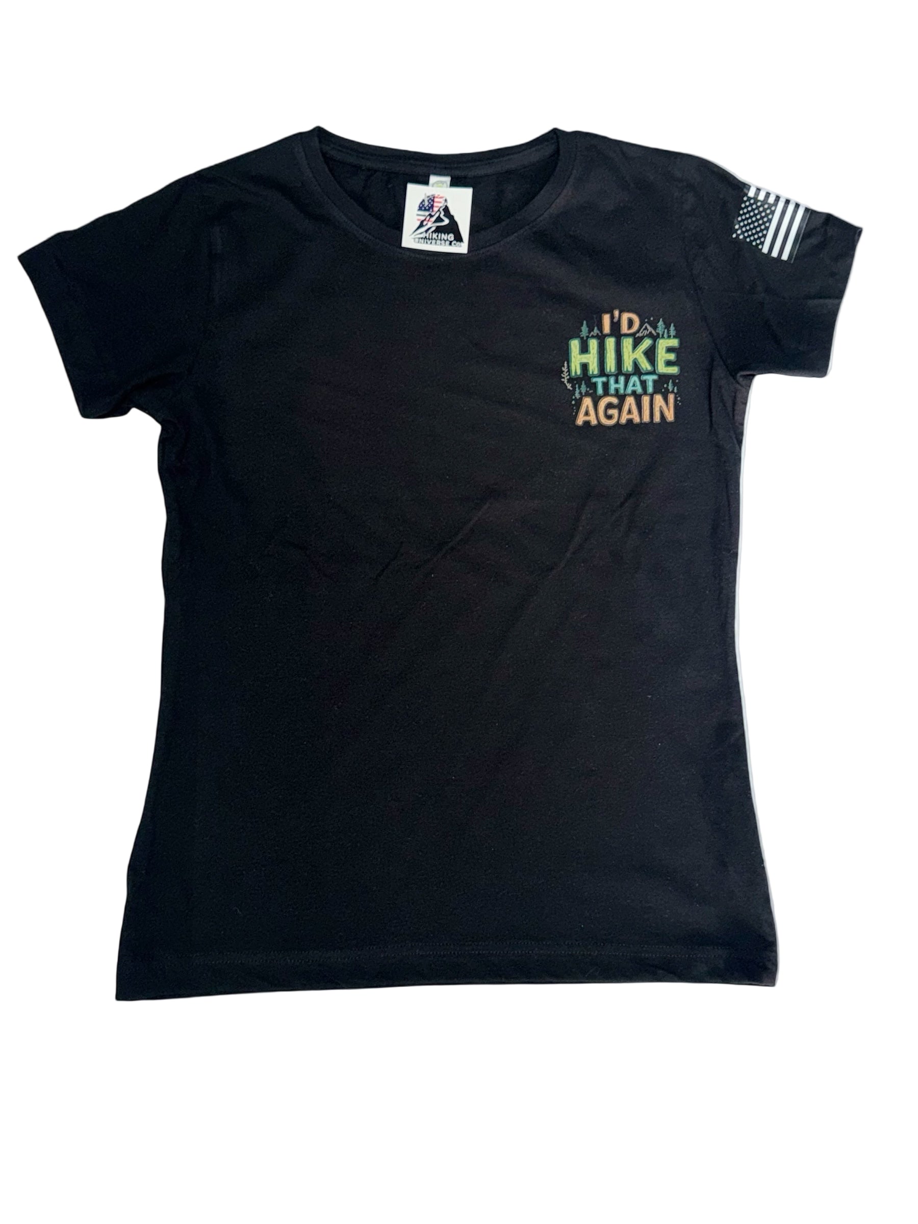 Ladies’ Fine Jersey 100% Cotton T-Shirt –"I'd hike that again" Logo with USA Flag Sleeve