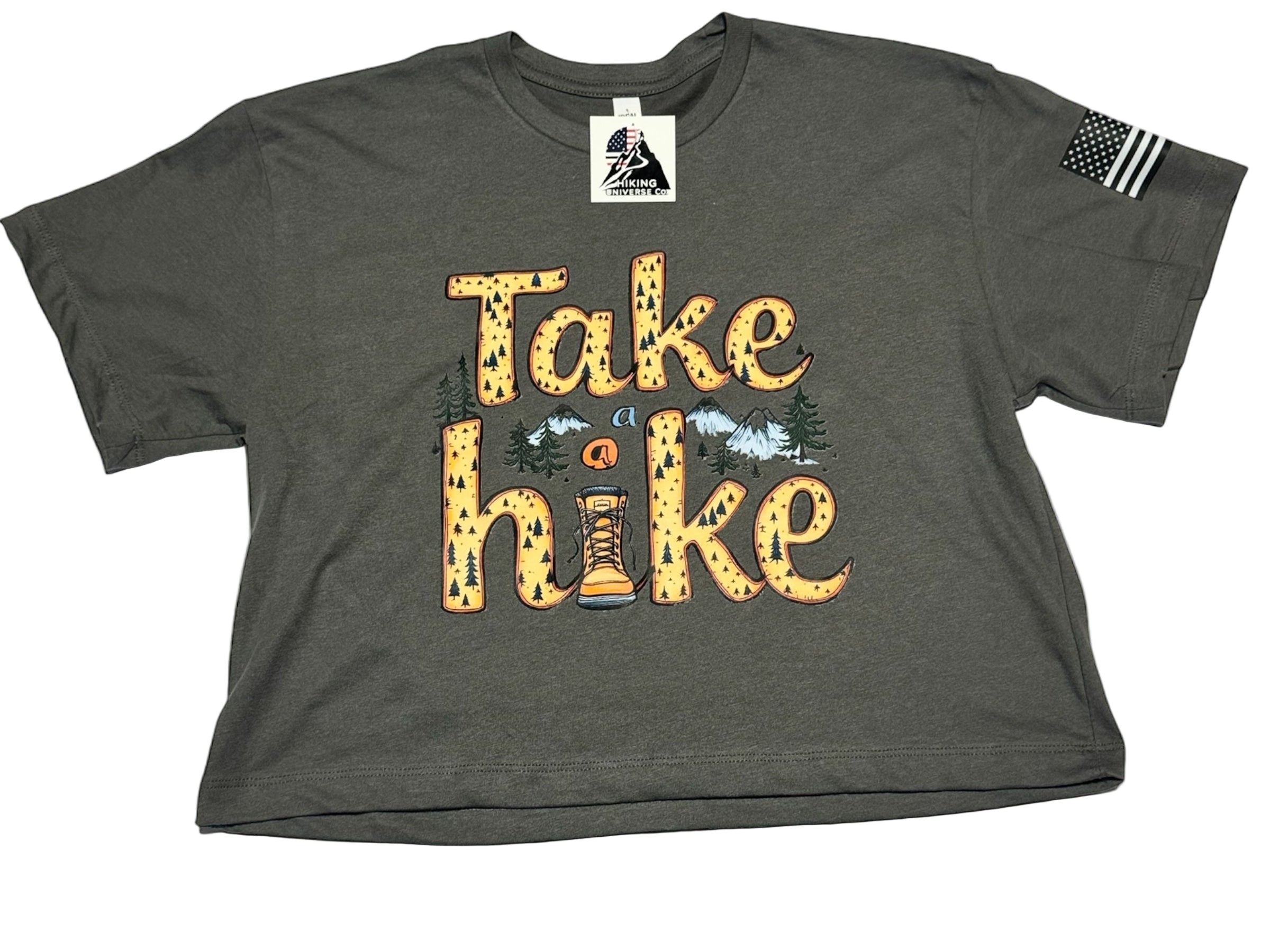 Gray t-shirt with 'Take a hike' text and graphics on a white background