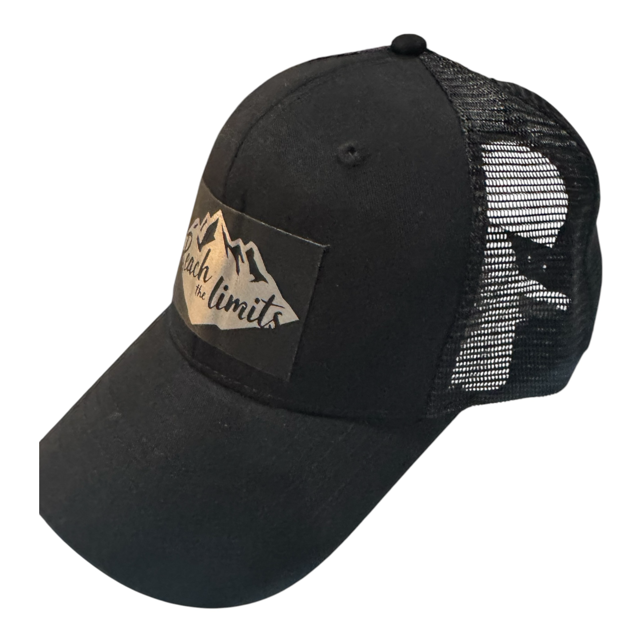HIKING UNIVERSE CO. black trucker hat with mesh back and metallic silver mountain graphic saying "Reach the limits".