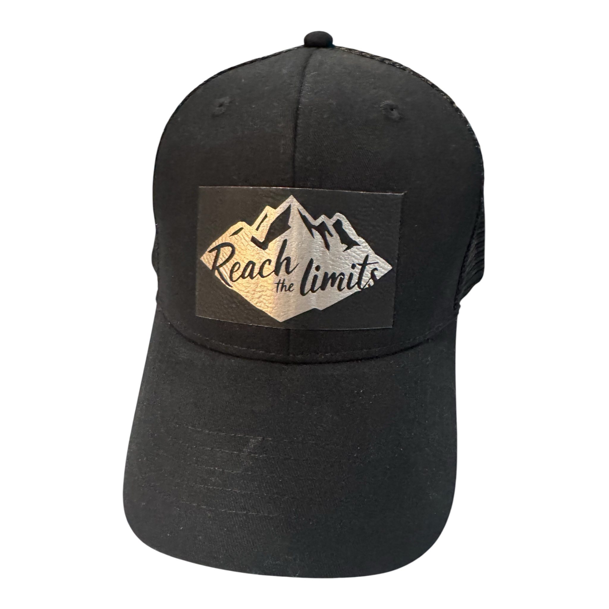 HIKING UNIVERSE CO. black trucker hat with mesh back and metallic silver mountain graphic saying "Reach the limits".