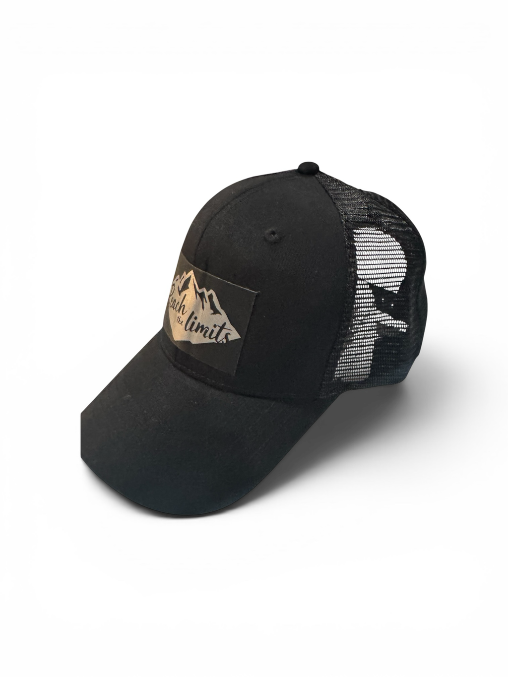 HIKING UNIVERSE CO. black trucker hat with mesh back and metallic silver mountain graphic saying "Reach the limits".