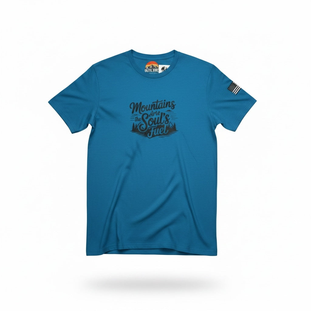 HIKING UNIVERSE CO. blue crew neck graphic t-shirt with Mountains Are The Soul's Fuel print and sleeve flag detail