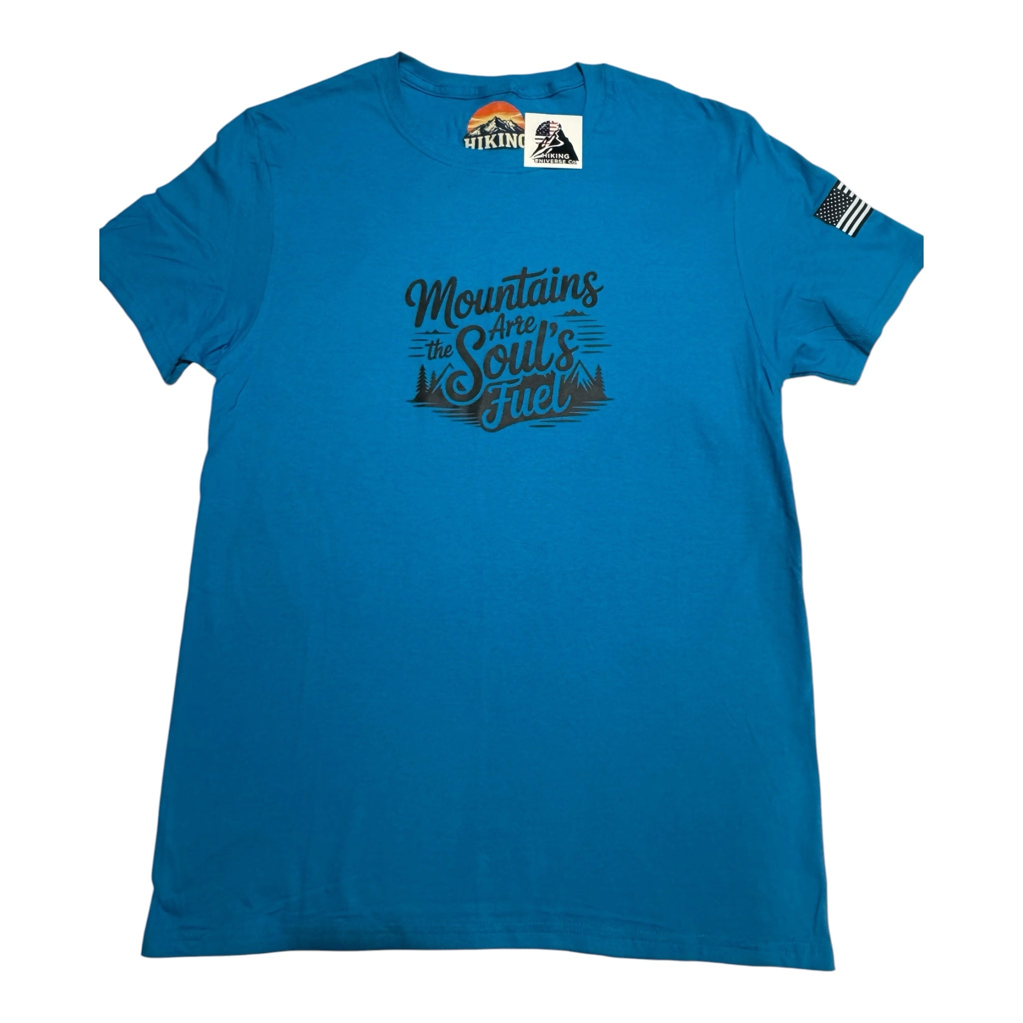 HIKING UNIVERSE CO. blue graphic t-shirt with Mountains Are The Soul's Fuel print and sleeve flag detail.