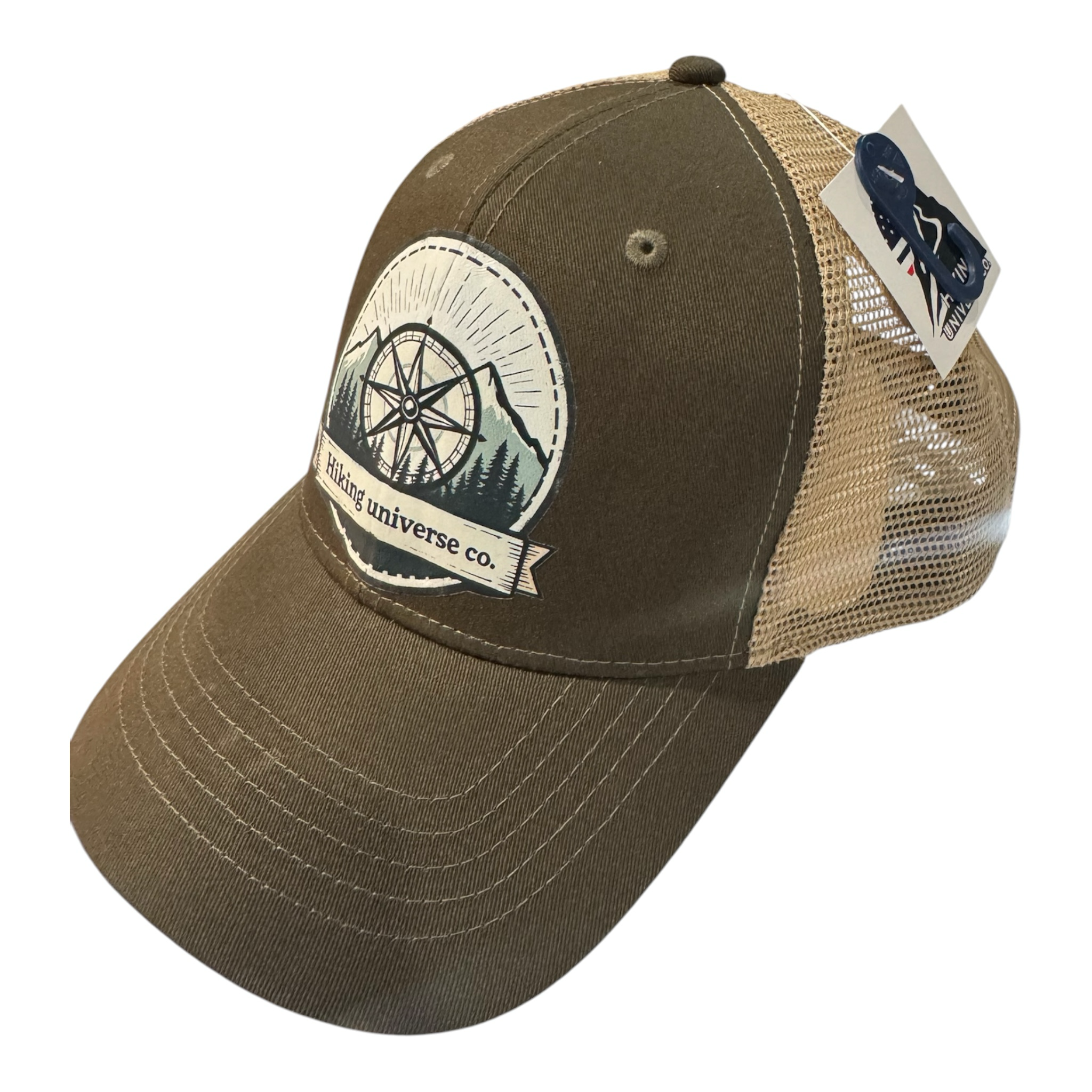 Hiking Universe Co. olive green trucker hat with tan mesh back and compass graphic patch. Adjustable snapback.