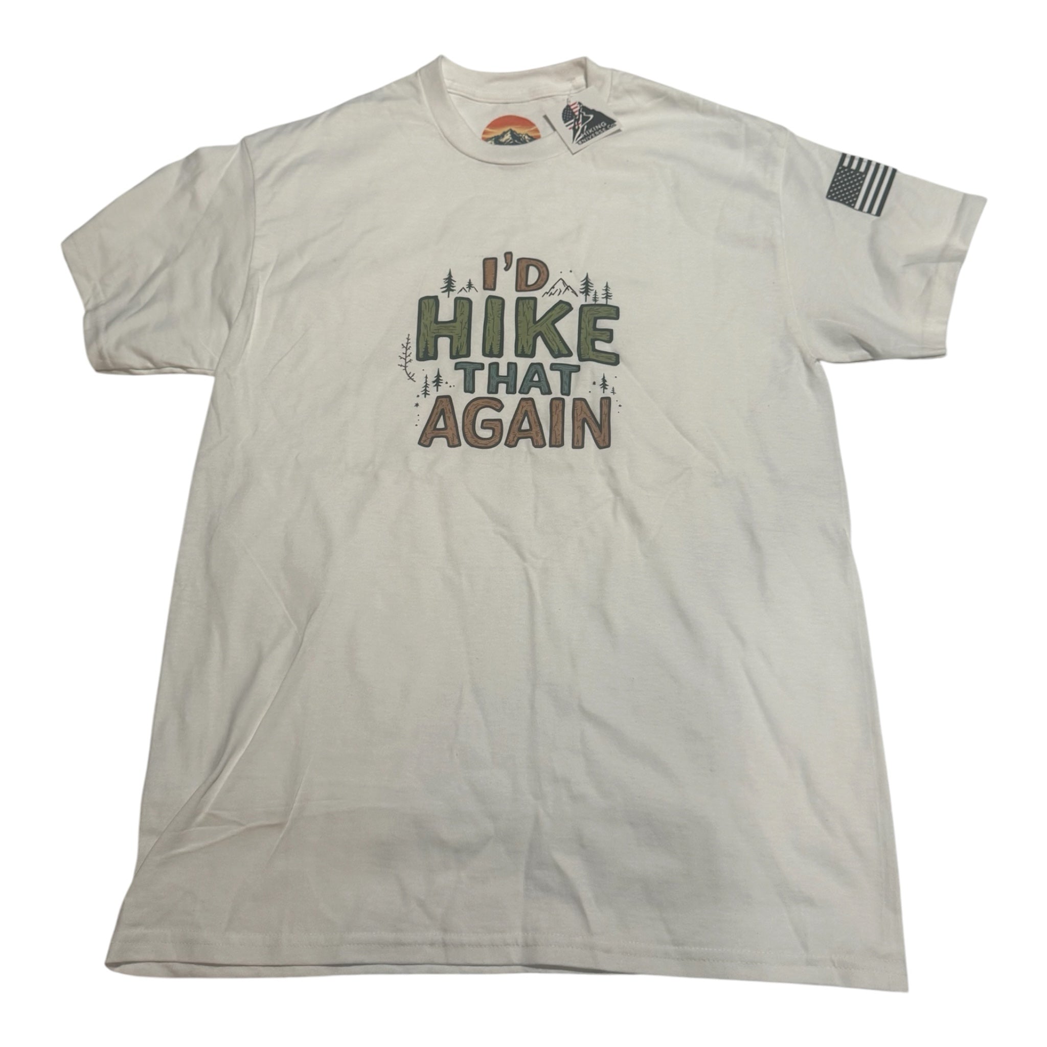 HIKING UNIVERSE CO. off-white graphic t-shirt with I'd Hike That Again slogan and sleeve flag patch.