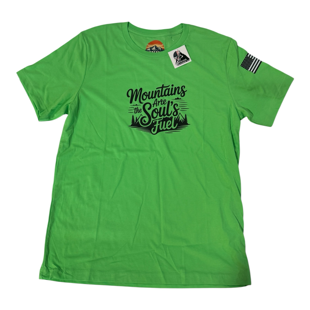 HIKING UNIVERSE CO. green cotton t-shirt with "Mountains Are the Soul's Fuel" graphic and US flag detail on sleeve.