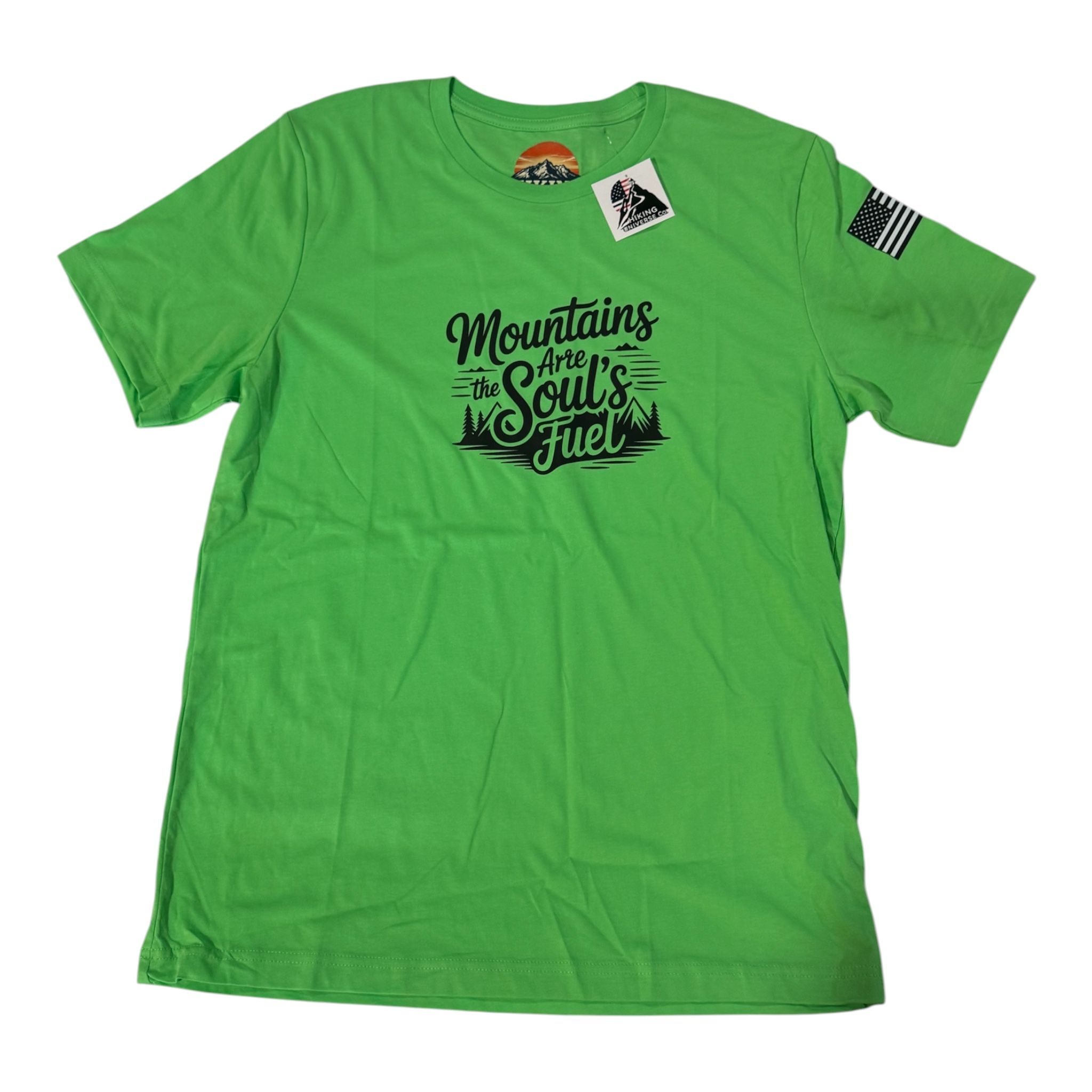 HIKING UNIVERSE CO. green cotton t-shirt with "Mountains Are the Soul's Fuel" graphic and US flag detail on sleeve.
