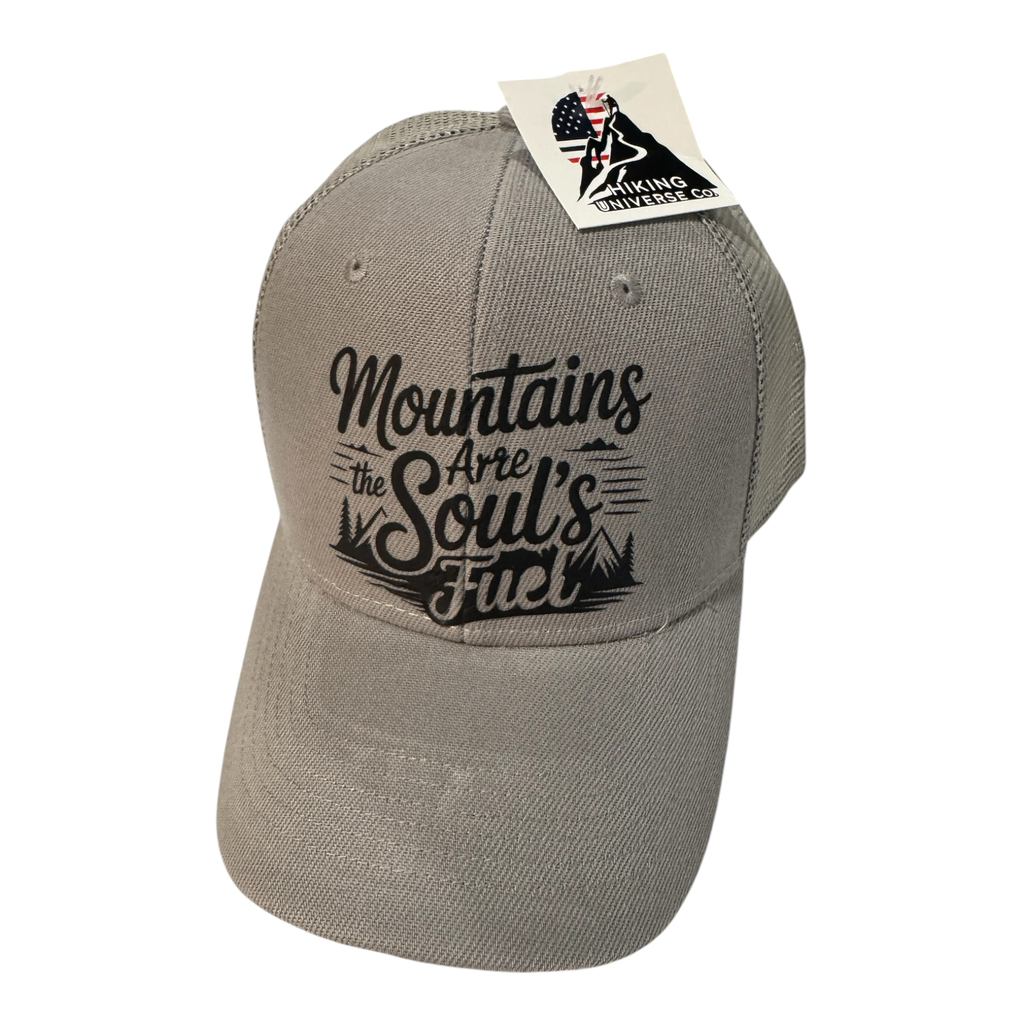 HIKING UNIVERSE CO. grey cotton twill trucker hat with mesh back and