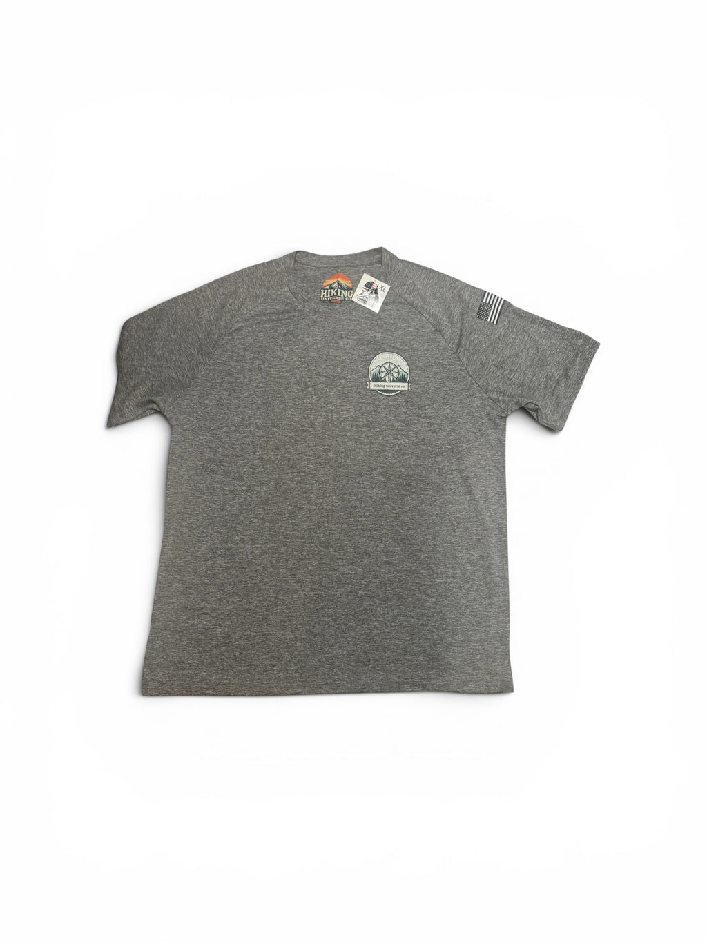 HIKING UNIVERSE CO. heather grey moisture-wicking performance crewneck t-shirt with compass logo and sleeve flag detail