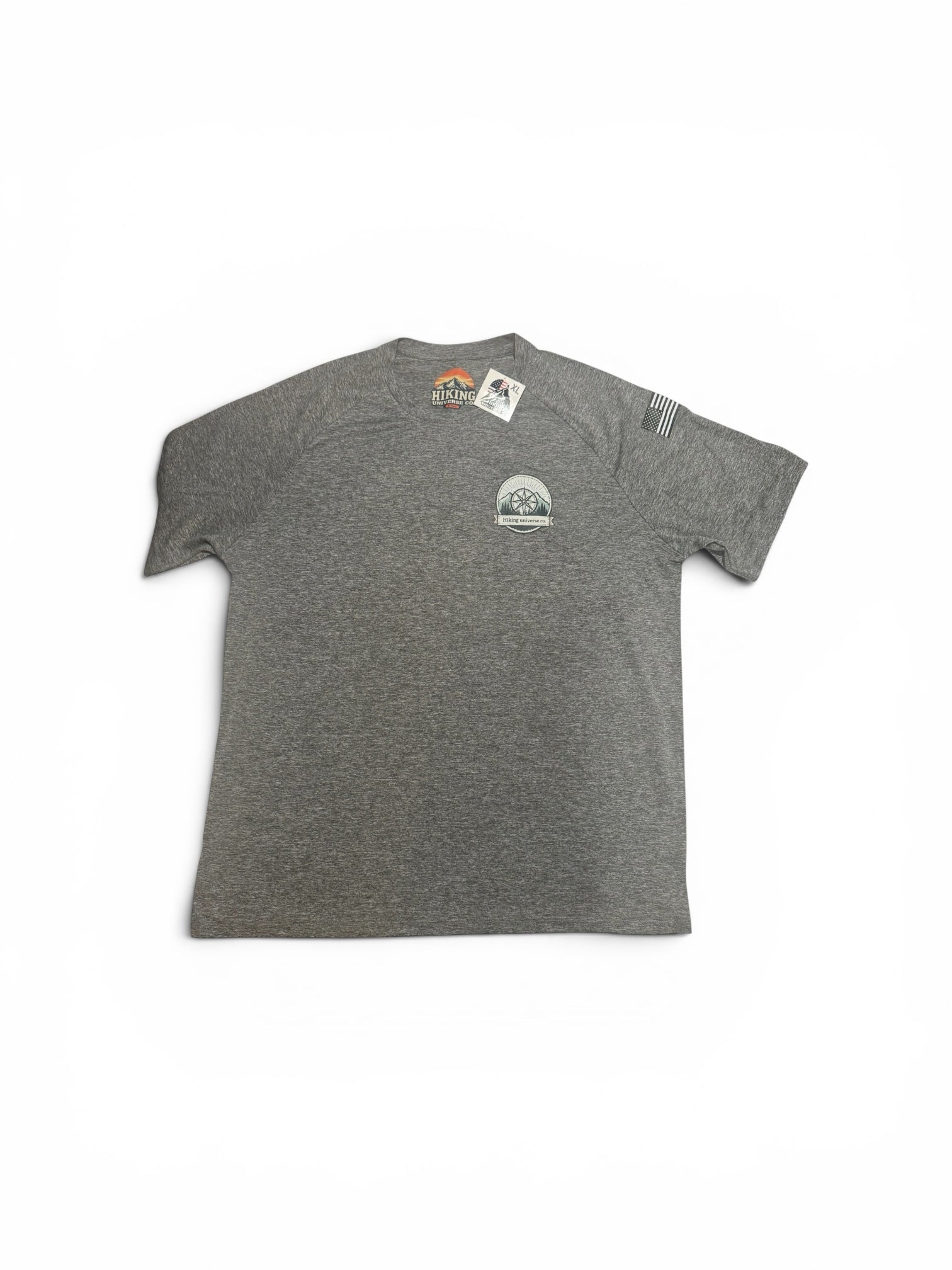 HIKING UNIVERSE CO. heather grey moisture-wicking performance crewneck t-shirt with compass logo and sleeve flag detail