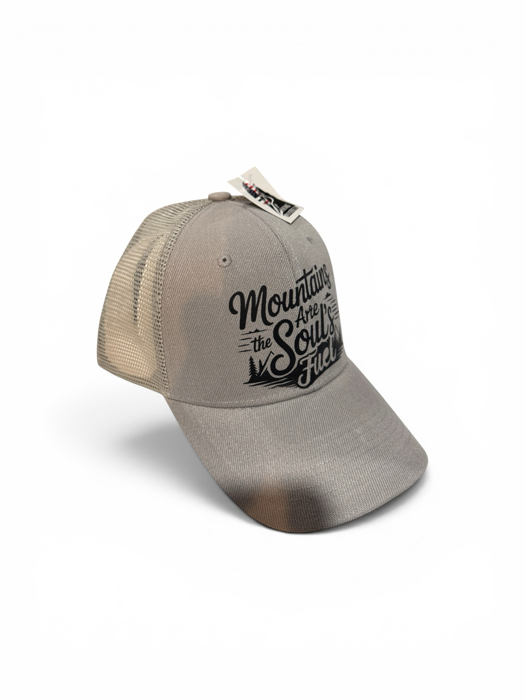 HIKING UNIVERSE CO. grey cotton twill trucker hat with mesh back and mountain graphic.