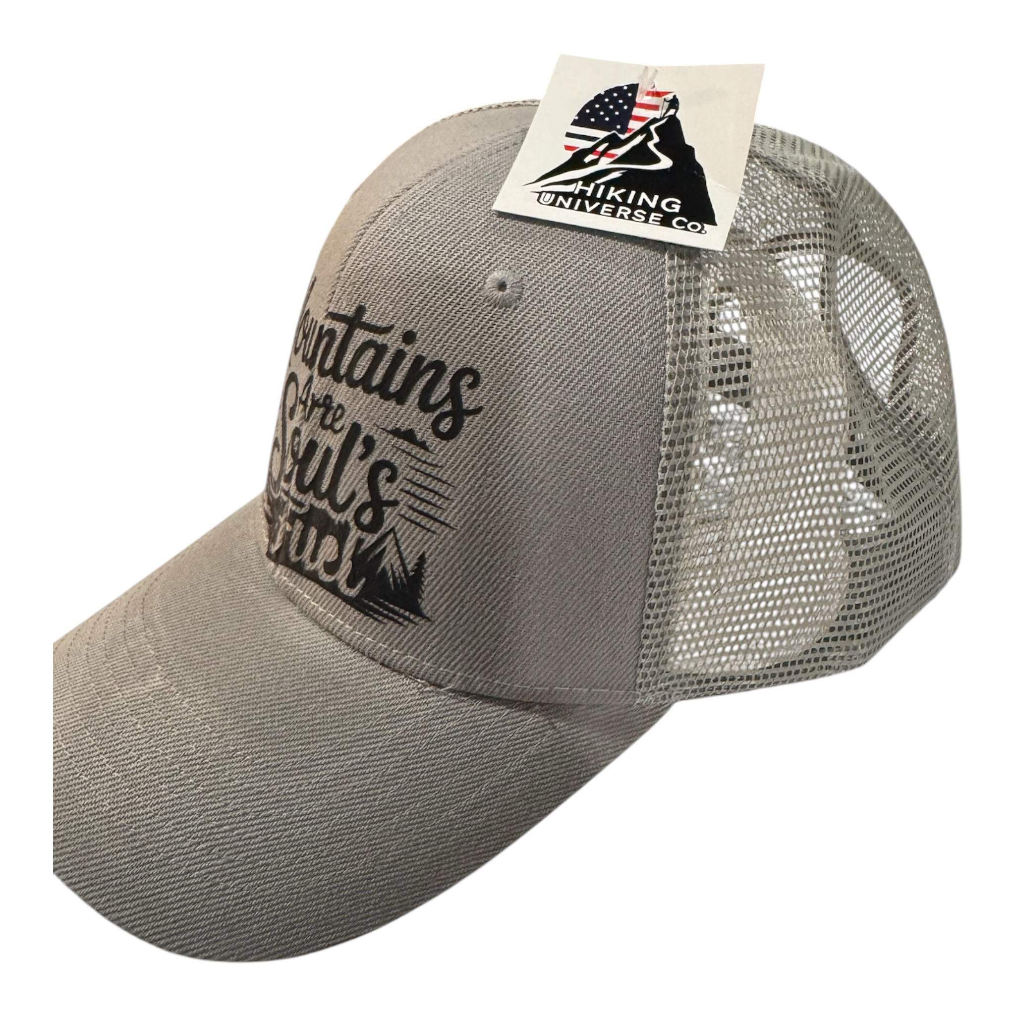 HIKING UNIVERSE CO. grey cotton twill trucker hat with mesh back and mountain graphic. Adjustable snapback.