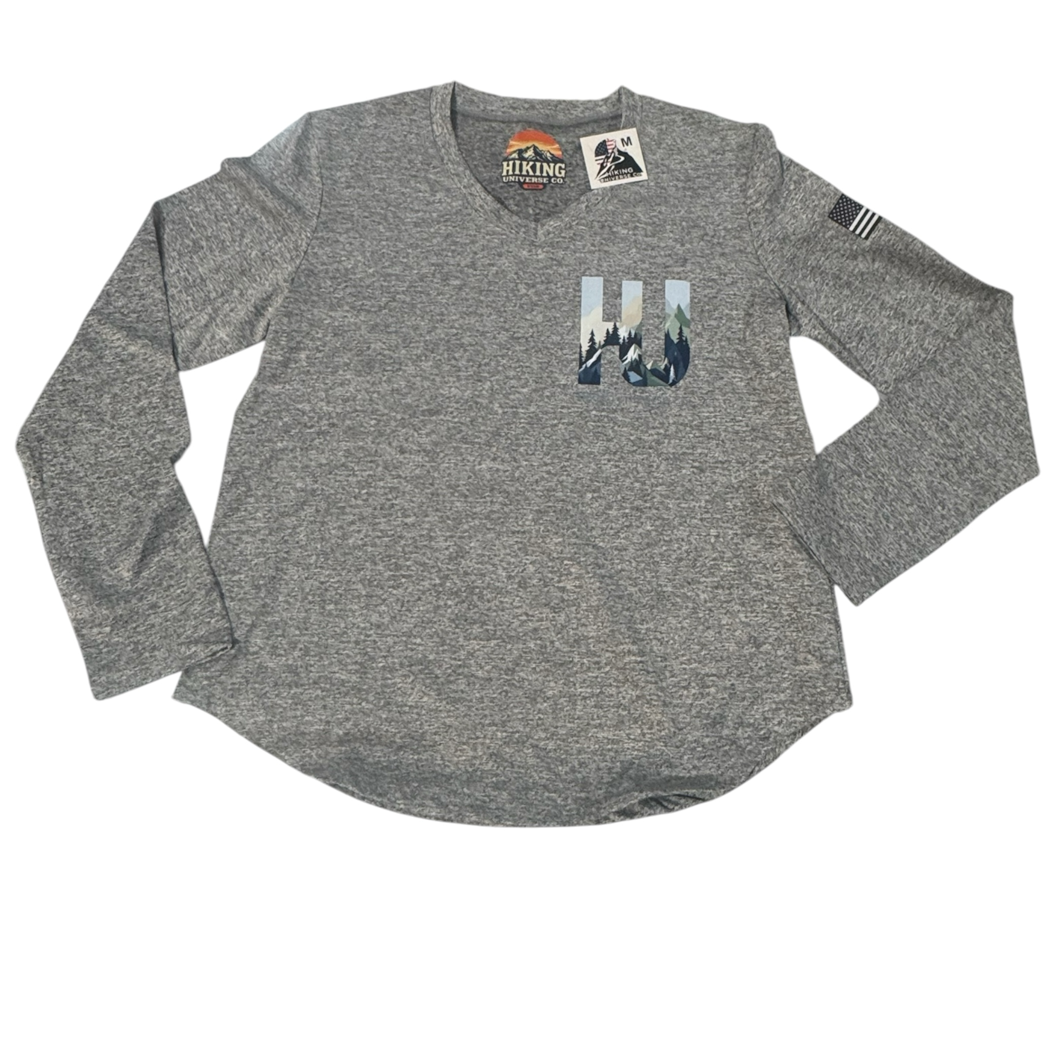 HIKING UNIVERSE CO. heather grey long sleeve V-neck t-shirt with mountain graphic pocket and American flag sleeve detail.