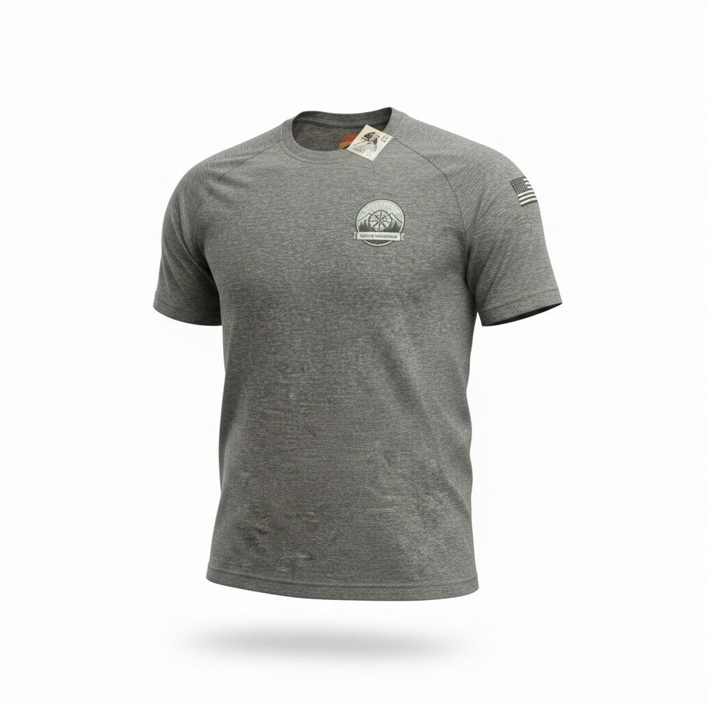 HIKING UNIVERSE CO. heather grey moisture-wicking performance crewneck t-shirt with compass logo and sleeve flag detail
