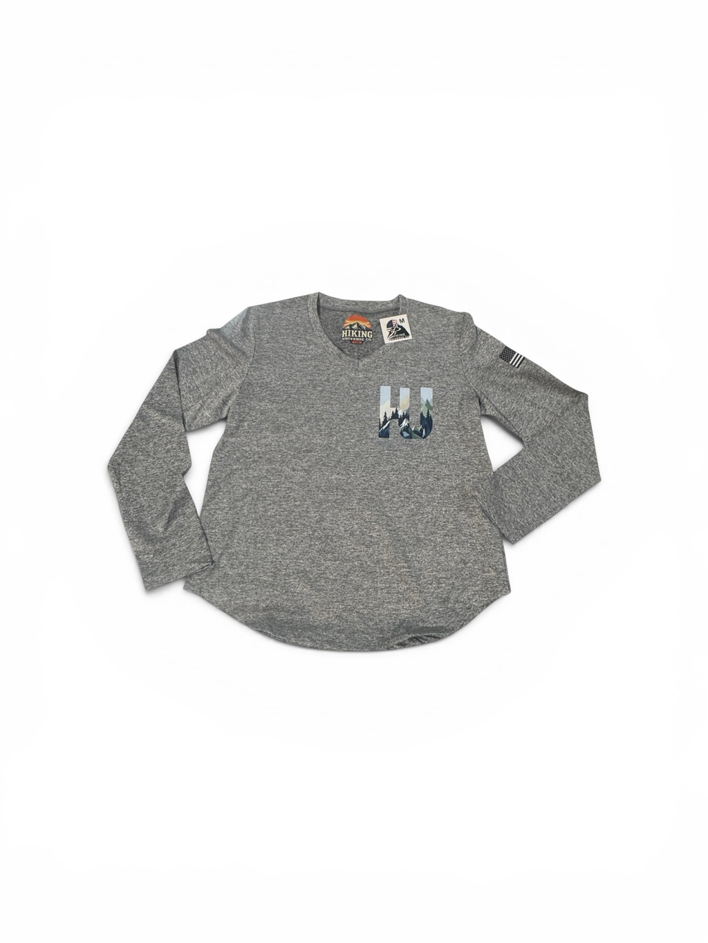 HIKING UNIVERSE CO. heathered grey V-neck long sleeve t-shirt with chest pocket graphic and American flag sleeve detail.