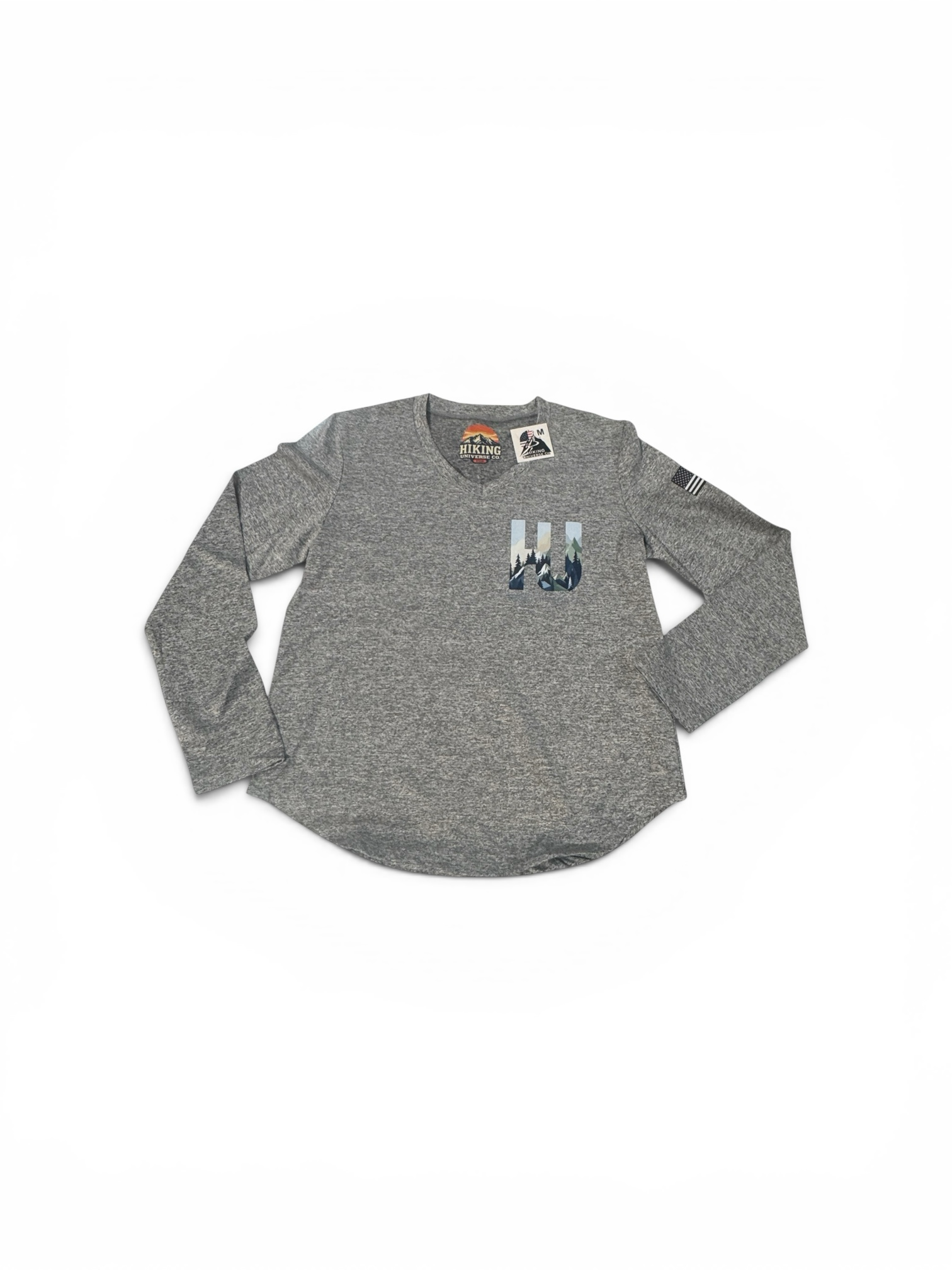 HIKING UNIVERSE CO. heathered grey V-neck long sleeve t-shirt with chest pocket graphic and American flag sleeve detail.