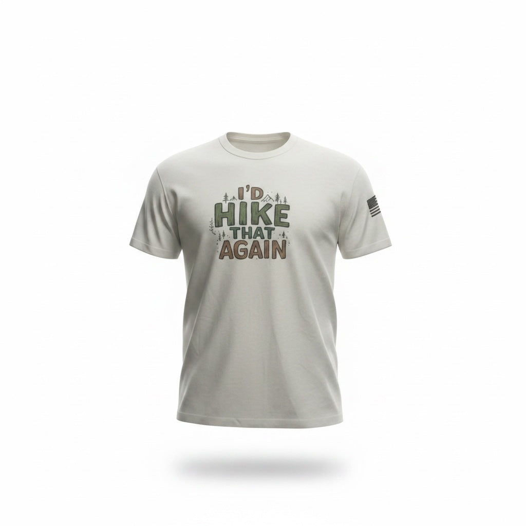 HIKING UNIVERSE CO. off-white graphic t-shirt with I'd Hike That Again slogan and sleeve flag patch.