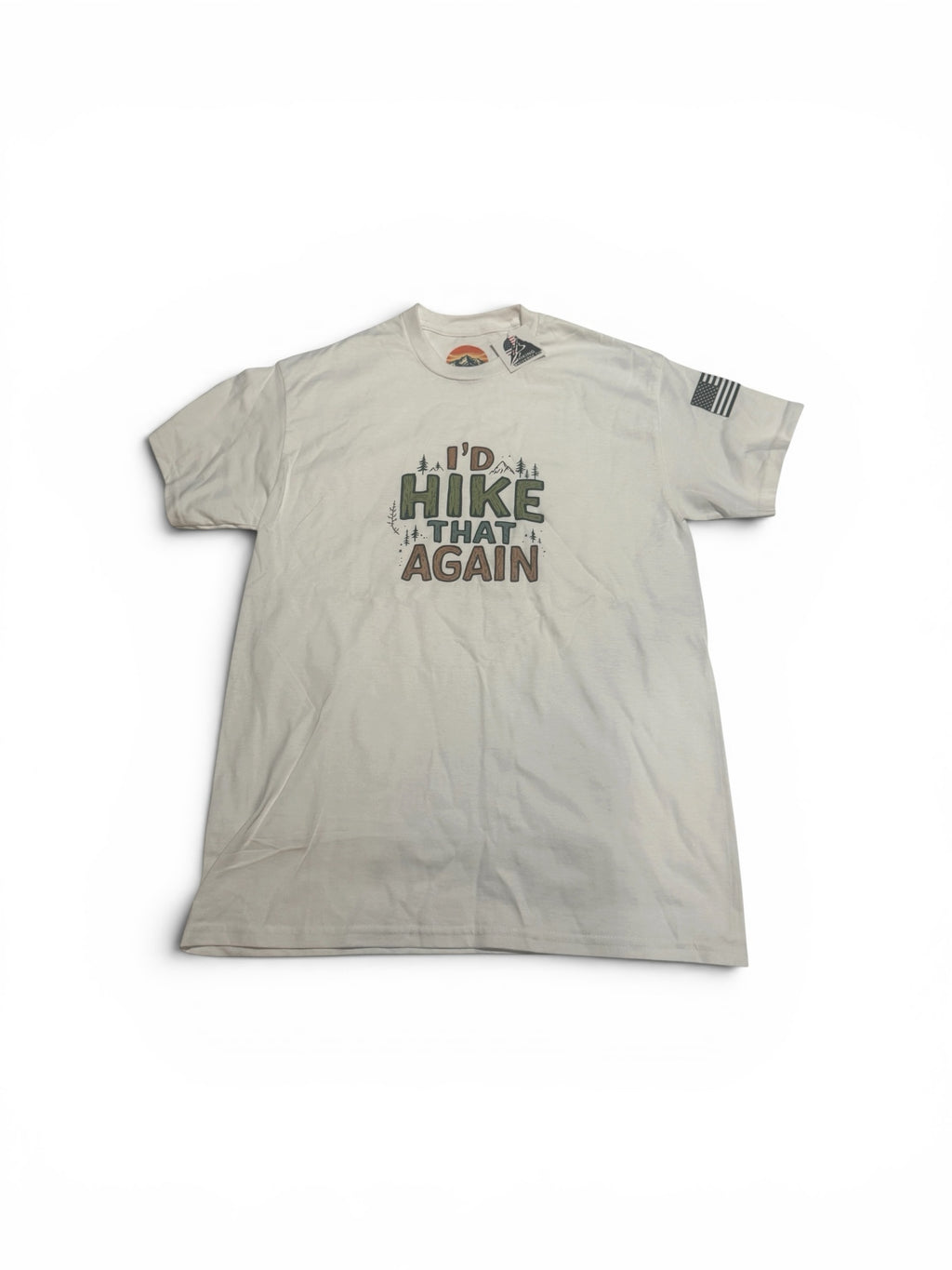 HIKING UNIVERSE CO. off-white graphic t-shirt with I'd Hike That Again slogan and sleeve flag patch