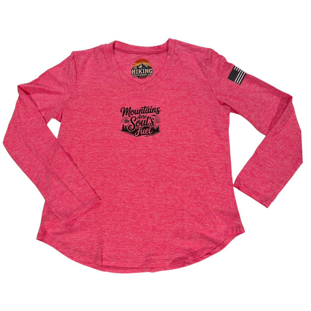 HIKING UNIVERSE CO. heathered pink long sleeve crewneck shirt with Mountains Are The Soul's Fuel graphic and flag detail