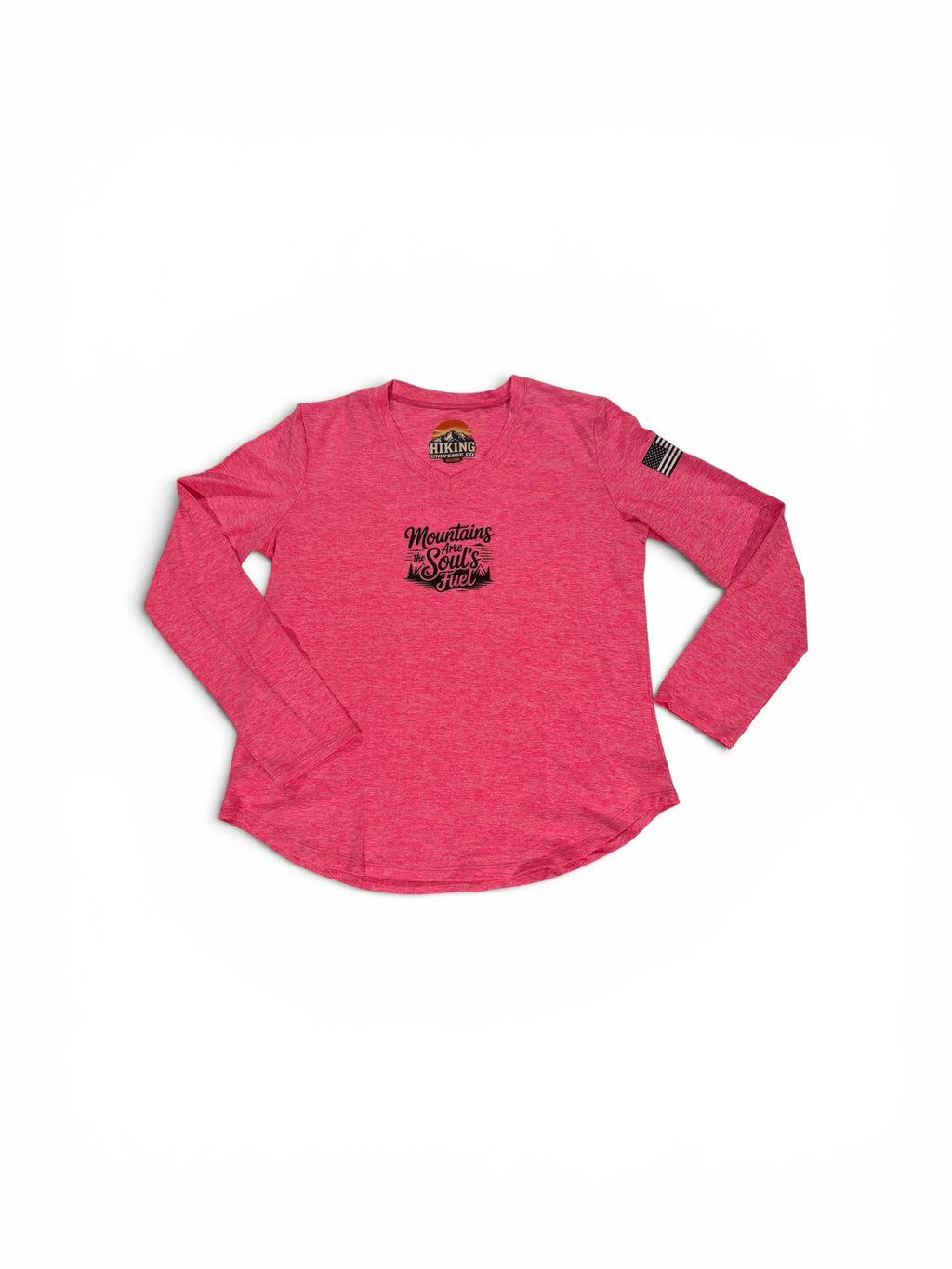 HIKING UNIVERSE CO. heathered pink long sleeve crewneck shirt with Mountains Are The Soul's Fuel graphic and flag patch