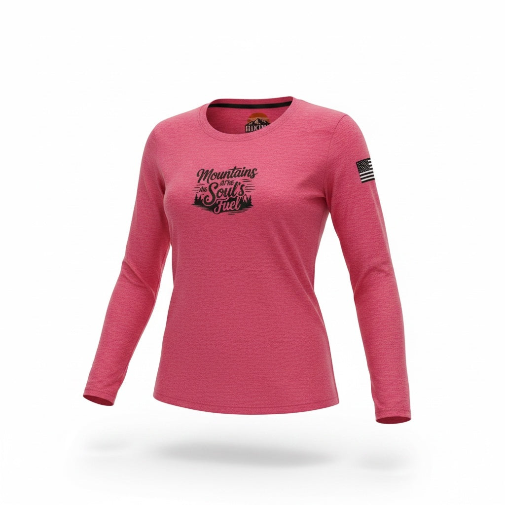 HIKING UNIVERSE CO. heathered pink long sleeve crewneck shirt with Mountains Are The Soul's Fuel graphic and flag patch