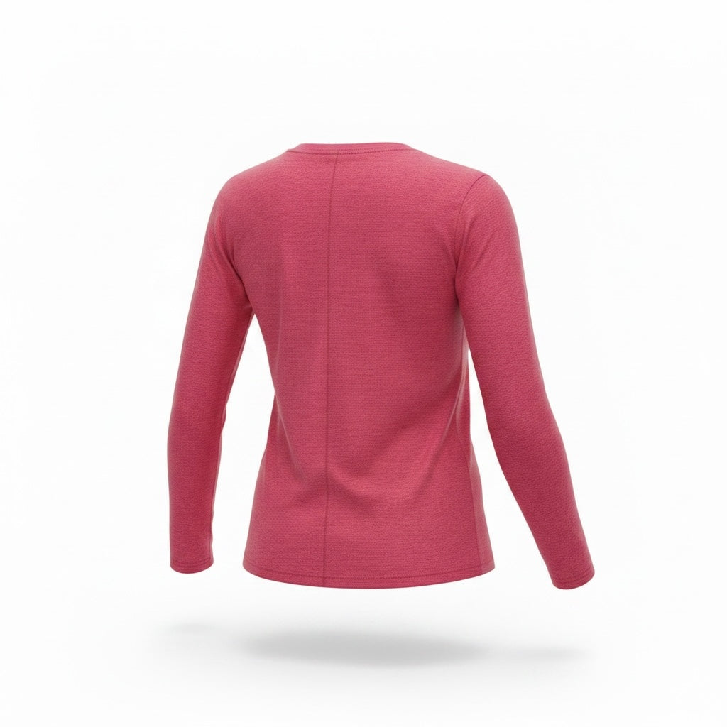HIKING UNIVERSE CO. women's heathered pink long sleeve crewneck shirt, back view, showing breathable performance fabric.