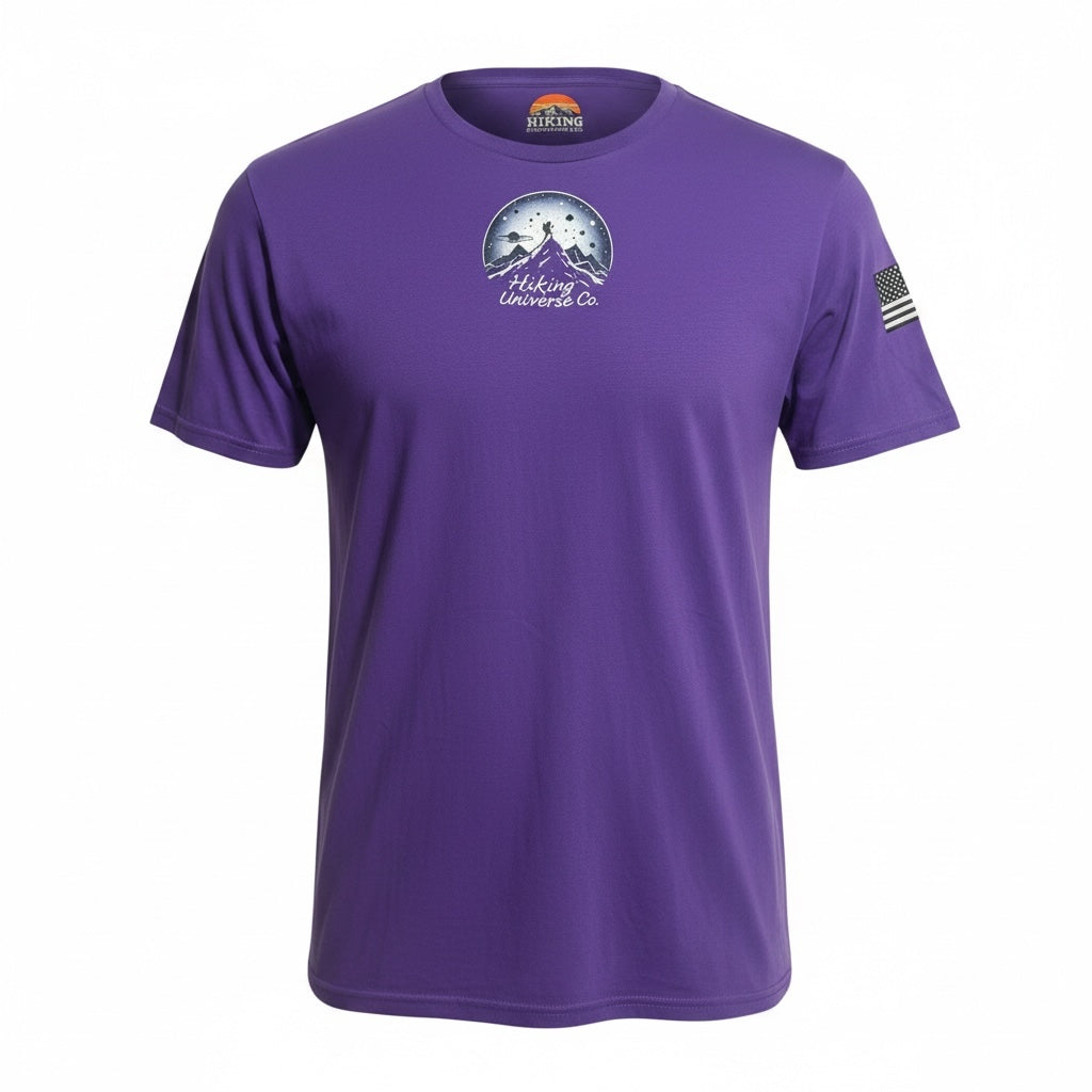 HIKING UNIVERSE CO. purple crewneck t-shirt with mountain and celestial graphic print and sleeve flag detail.