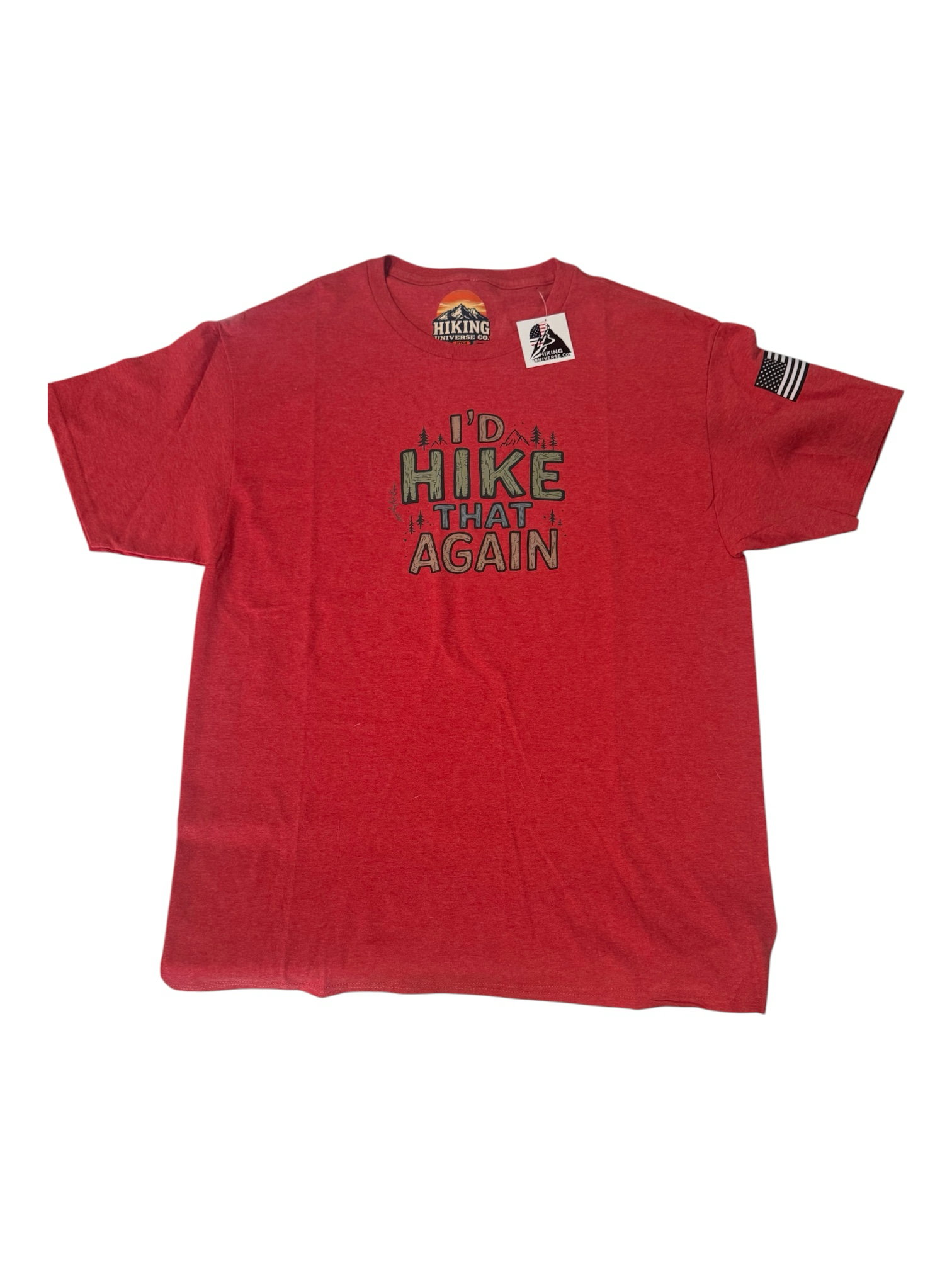 HIKING UNIVERSE CO. red graphic t-shirt with "I'd Hike That Again" mountain design and American flag sleeve detail.
