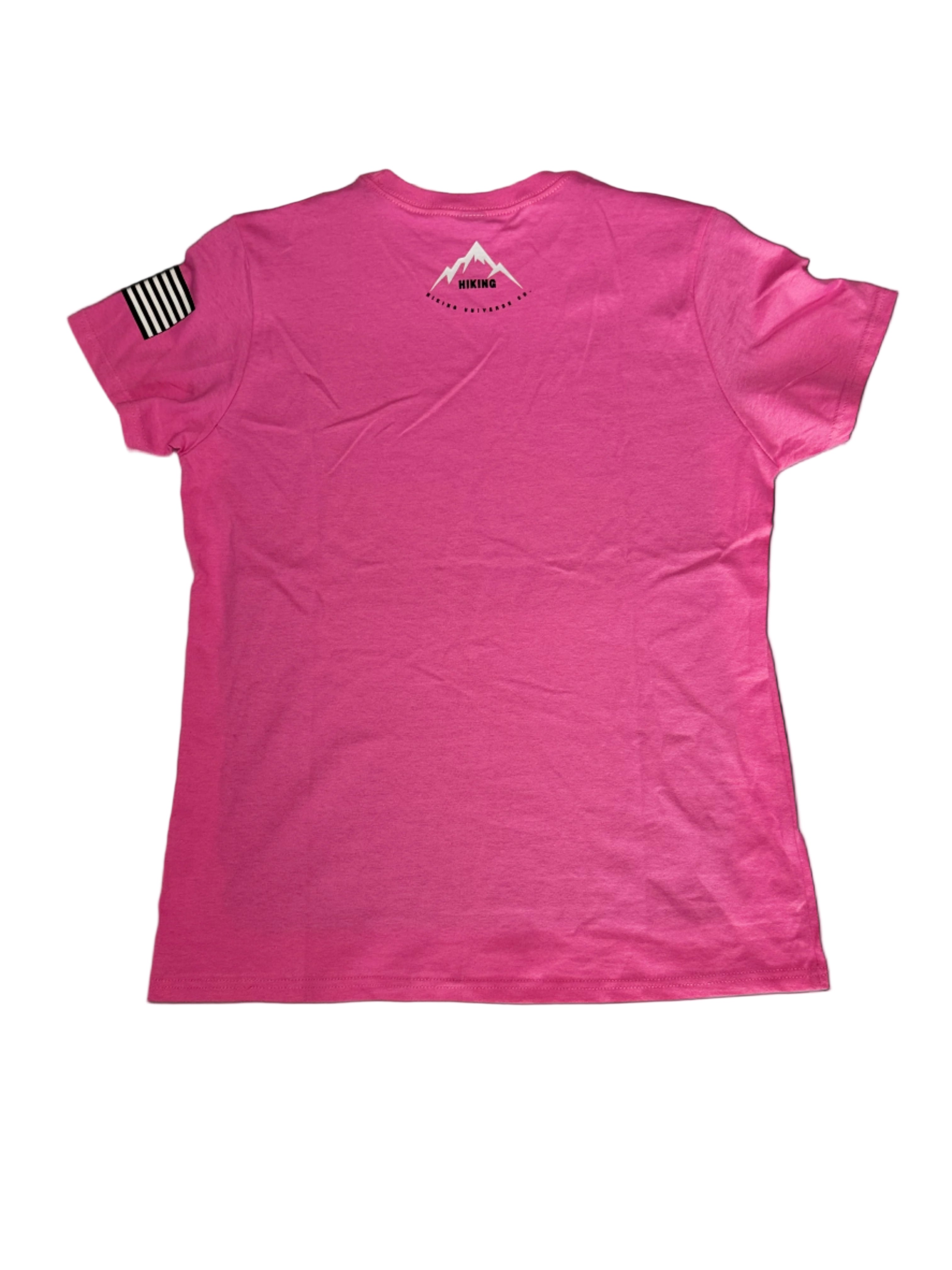 Pink t-shirt with a logo on a white surface